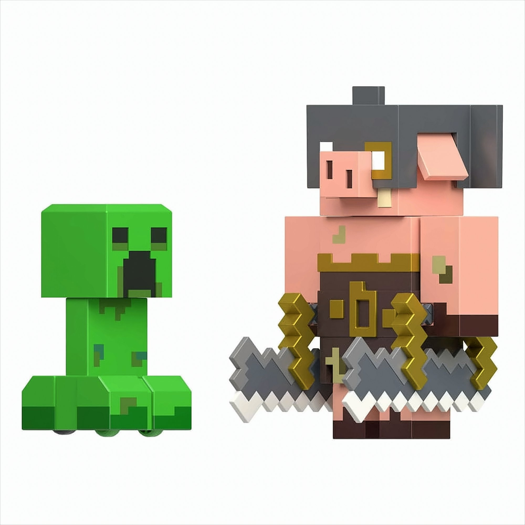 Minecraft Creeper- und Piglin-Figuren, grün und rosa, pixeliges Design, weißer Hintergrund.