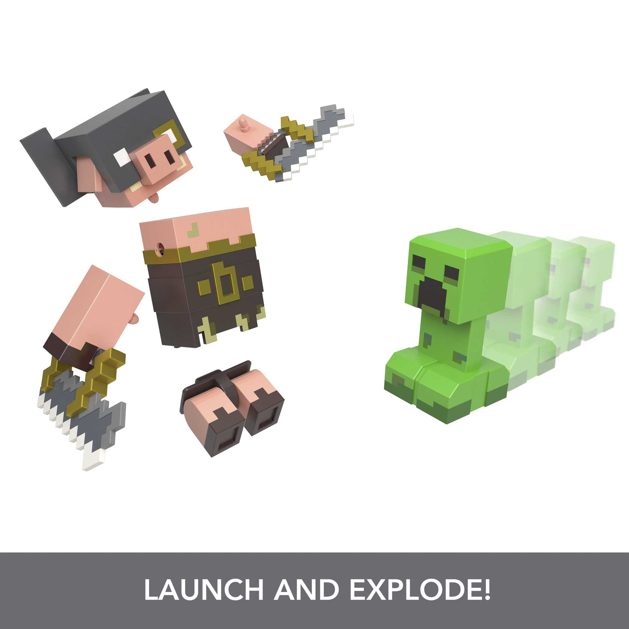 Minecraft-Spielfiguren, darunter ein Creeper, in verschiedenen Posen, bereit zur Explosion.