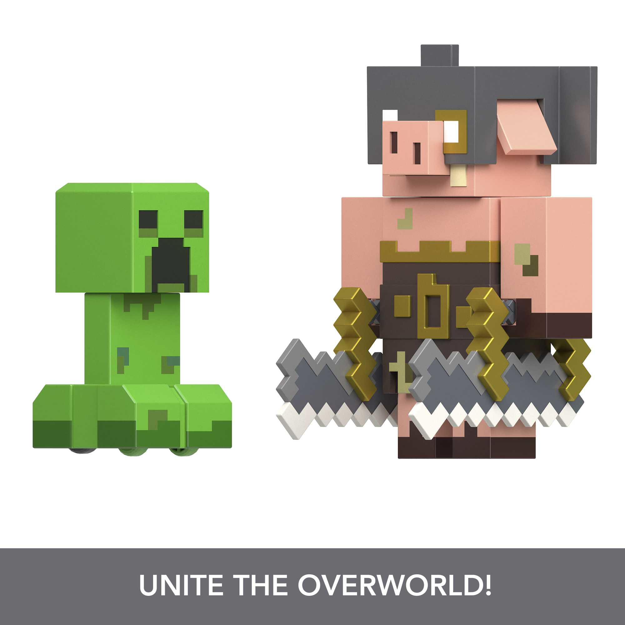 Minecraft-Figuren eines Creepers und eines Piglins mit Waffen. Weißer Hintergrund.