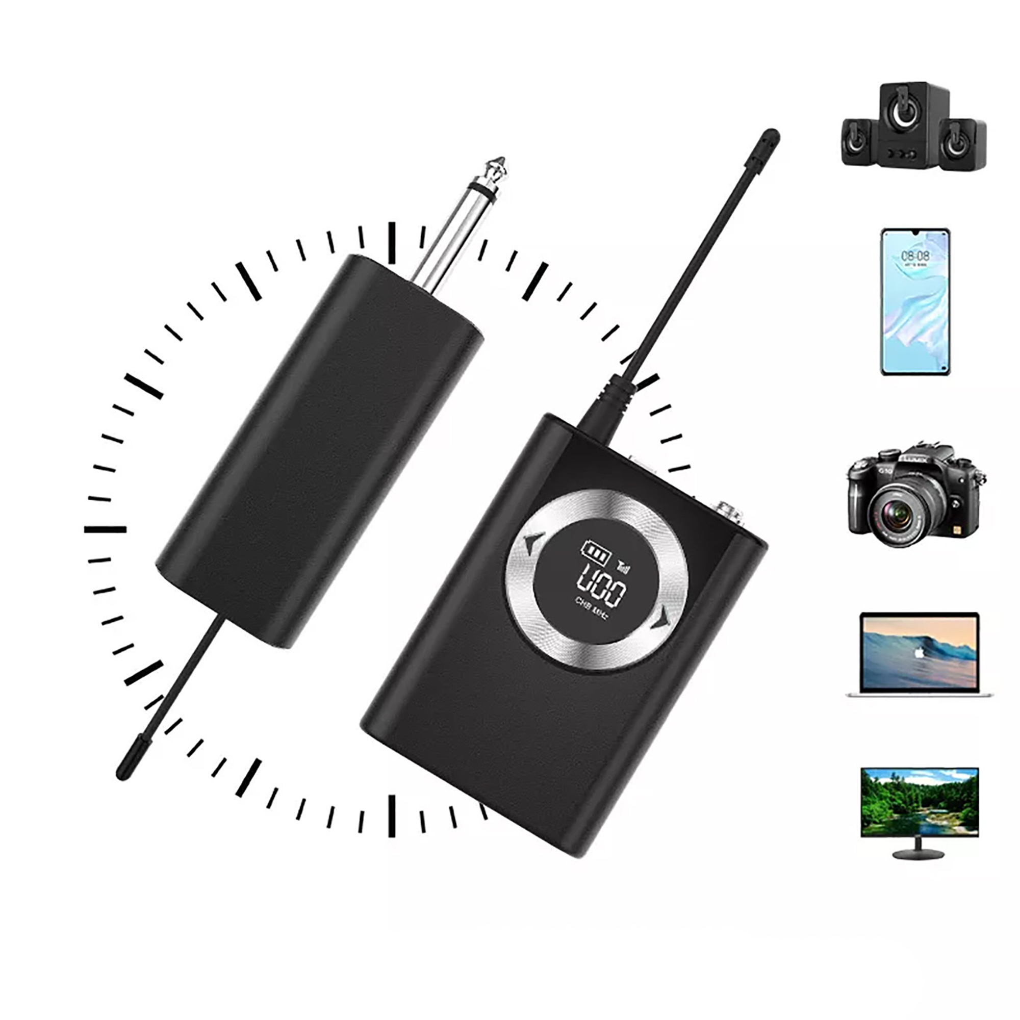 Schwarzer Audio-Sender und -Empfänger mit Zubehör: Telefon, Kamera und Monitor.