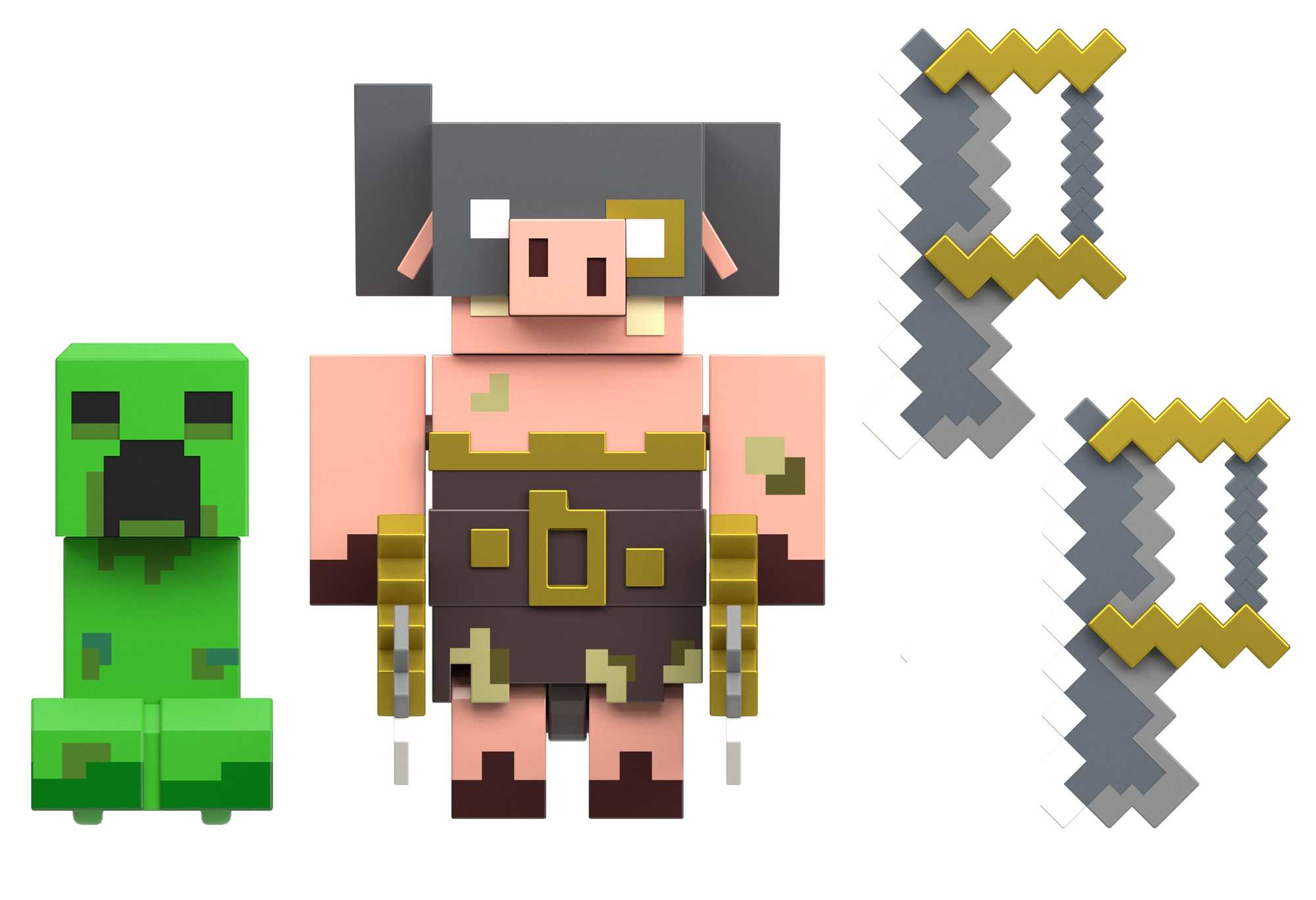 Minecraft-Figuren: ein grüner Creeper, ein schweinartiges Monster und zwei Pixel-Schwerter.