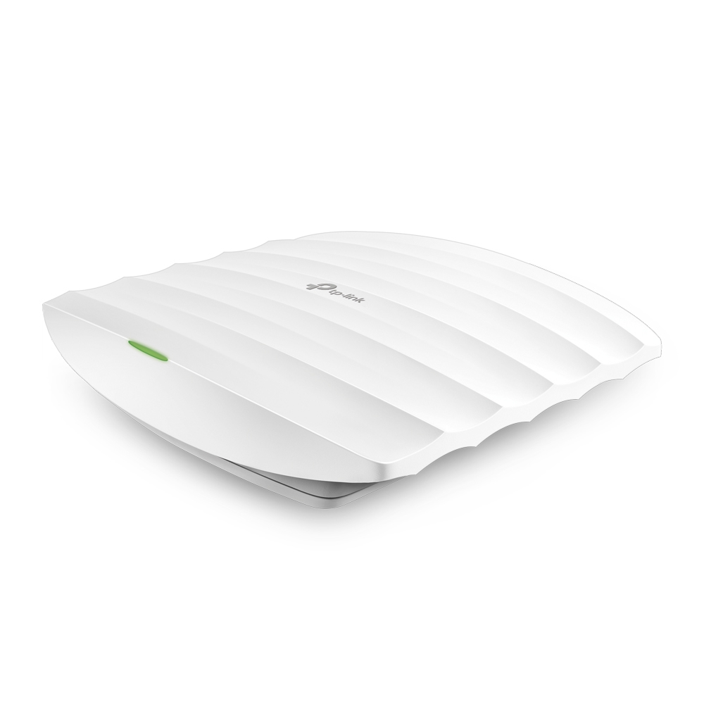 Ein weißer, abgerundeter TP-Link Wireless Access Point, vor weißem Hintergrund, mit grüner Betriebsanzeige.