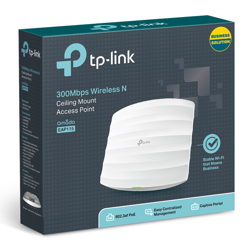 Weißes tp-link Access Point Gerät in einer Box, mit Details auf der Box.