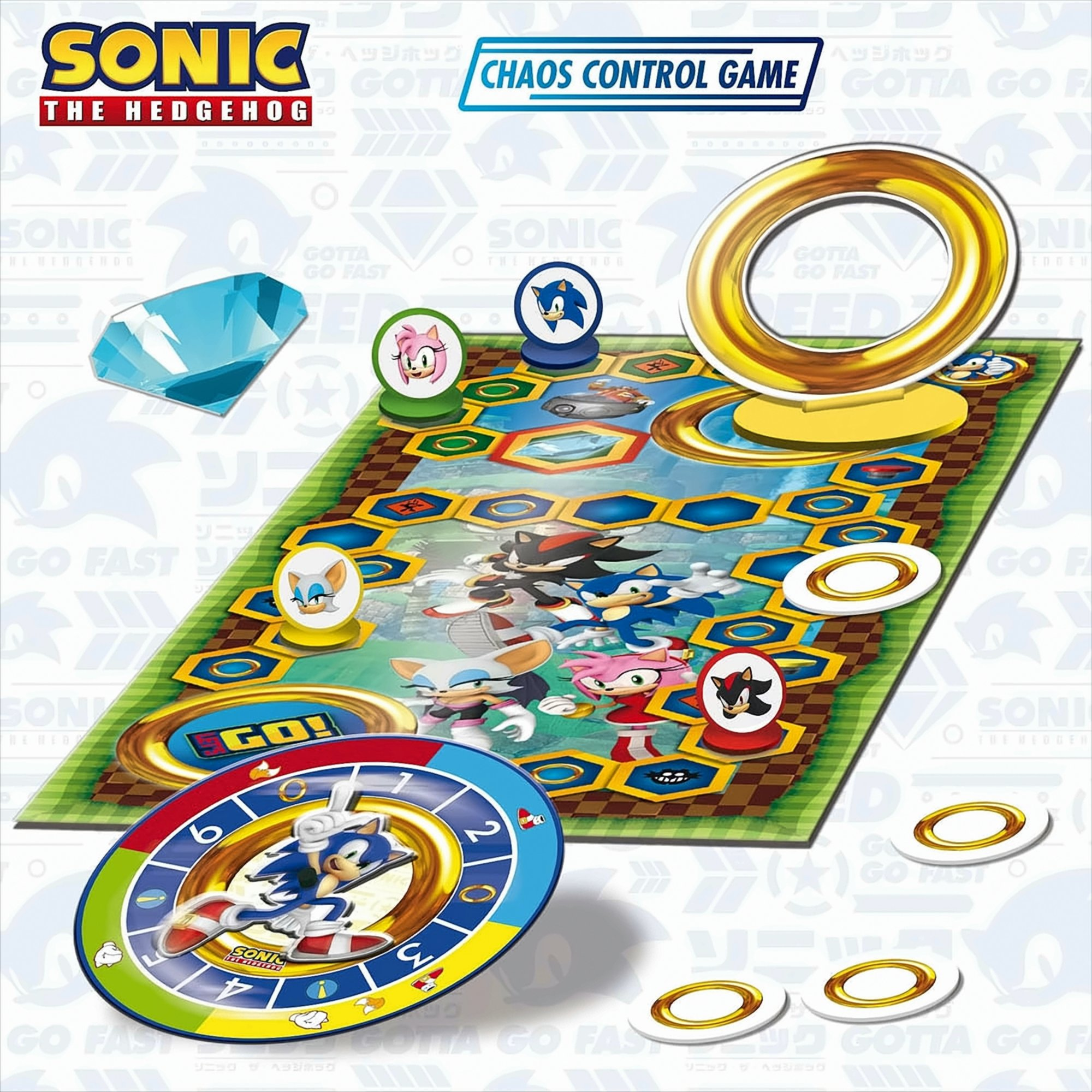 Sonic the Hedgehog Brettspiel mit verschiedenen Charakteren, Ringen und einem Edelstein.