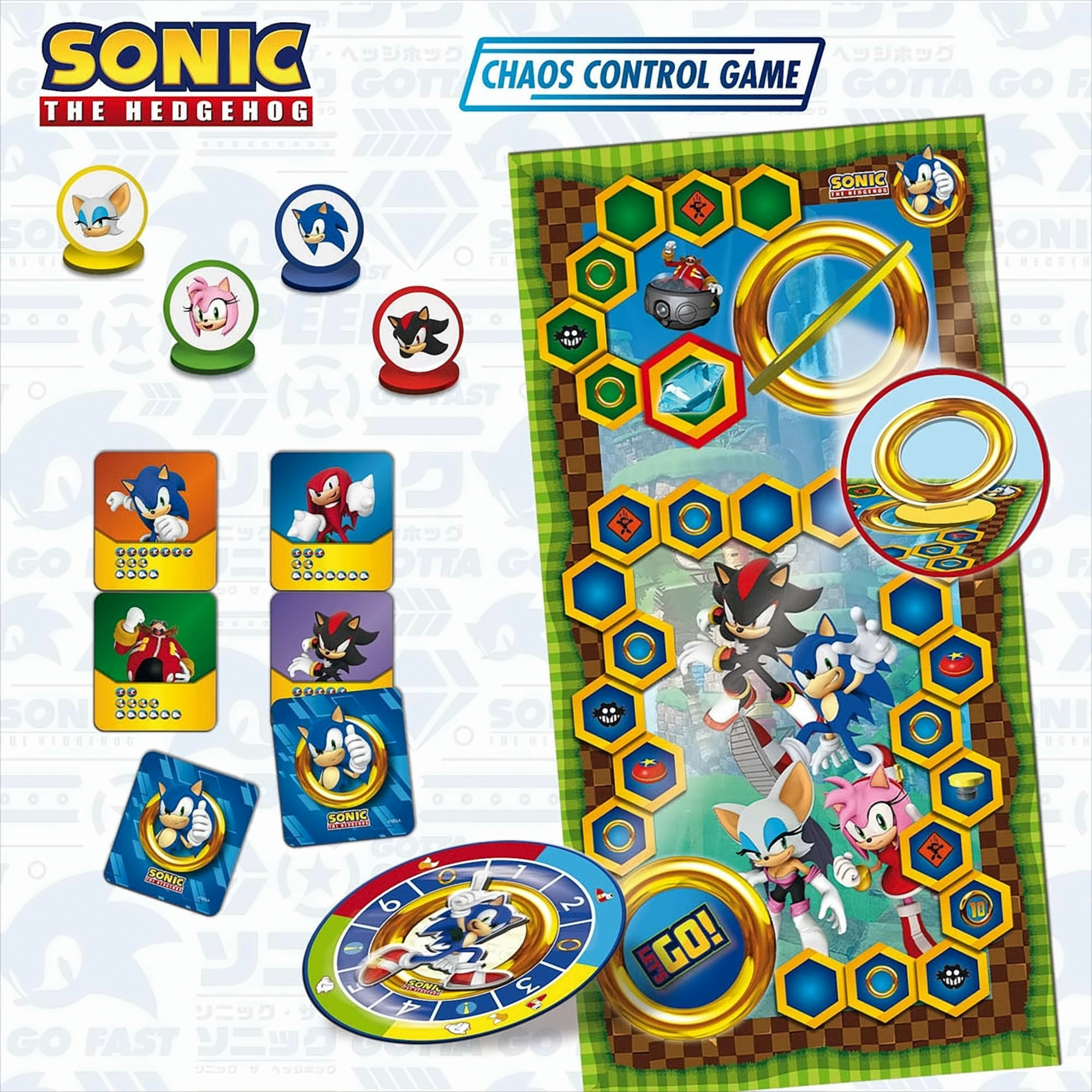 Sonic the Hedgehog-Brettspiel mit Spielfiguren und Karten. Grünes Brett mit Spielweg und Charakteren.
