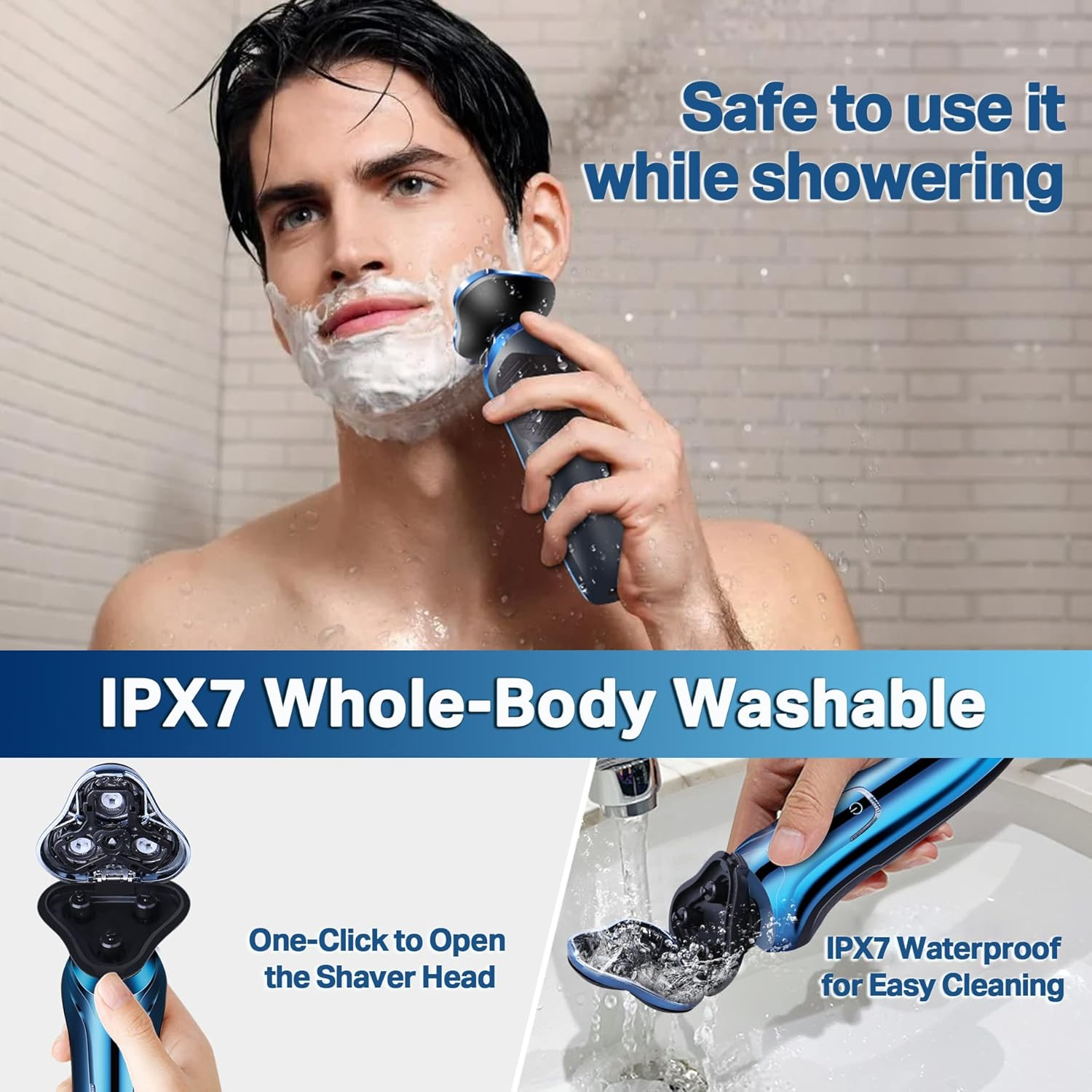 Ein Mann rasiert sich unter der Dusche, mit Nahaufnahme eines blauen Rasierers und seiner Teile.