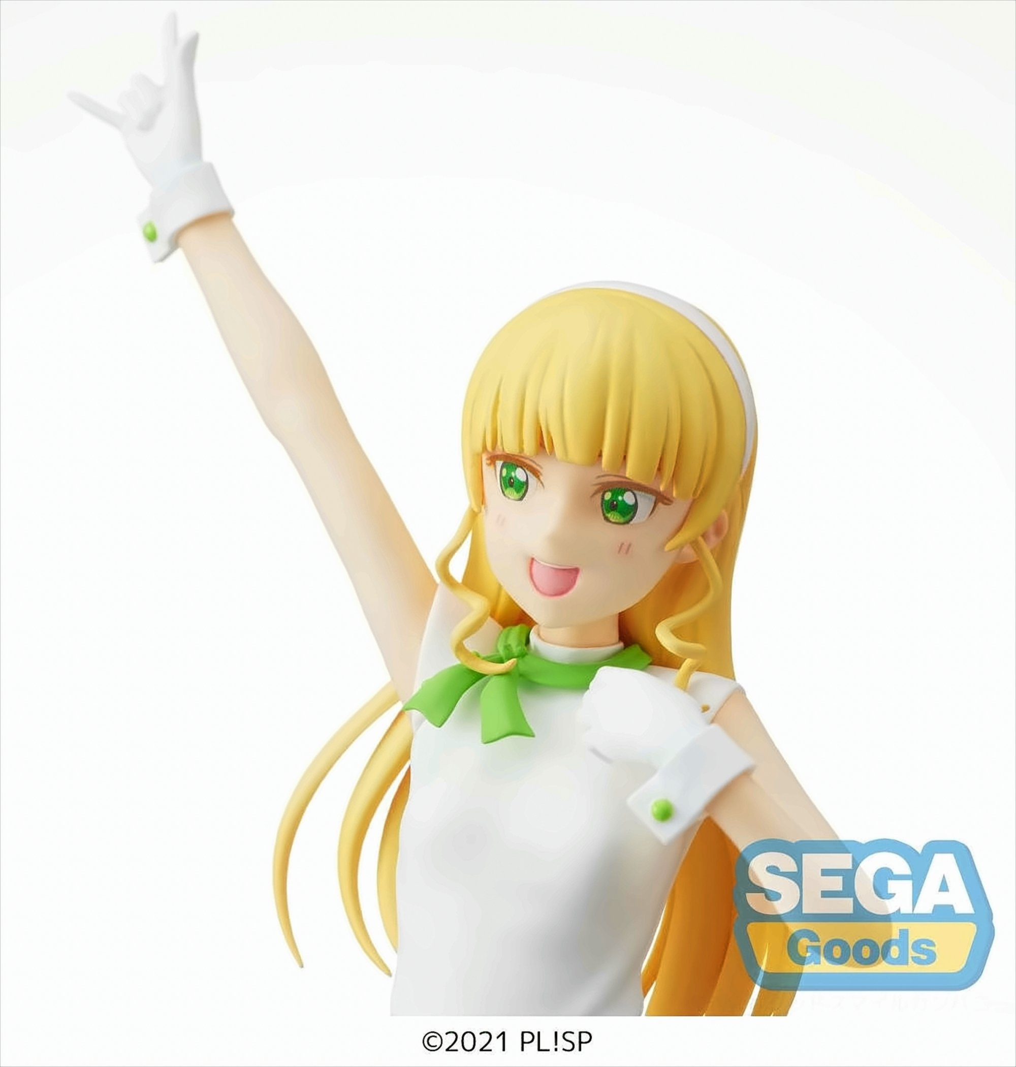 Anime-Figur eines Mädchens mit blonden Haaren, winkt mit der rechten Hand.