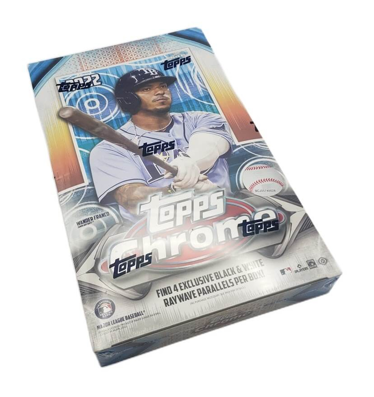 Eine Topps Chrome Baseballkartenbox mit einem Baseballspielerbild.