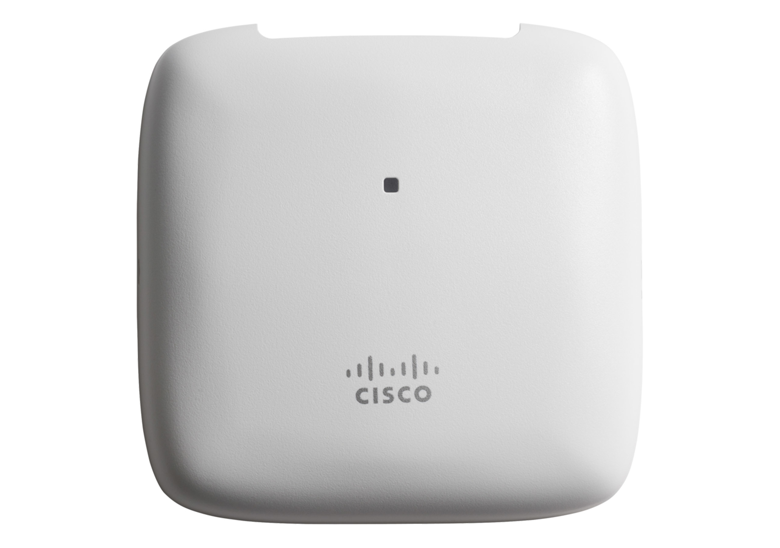 Weißer quadratischer WLAN-Zugangspunkt mit Cisco-Logo, isoliert auf weißem Hintergrund.