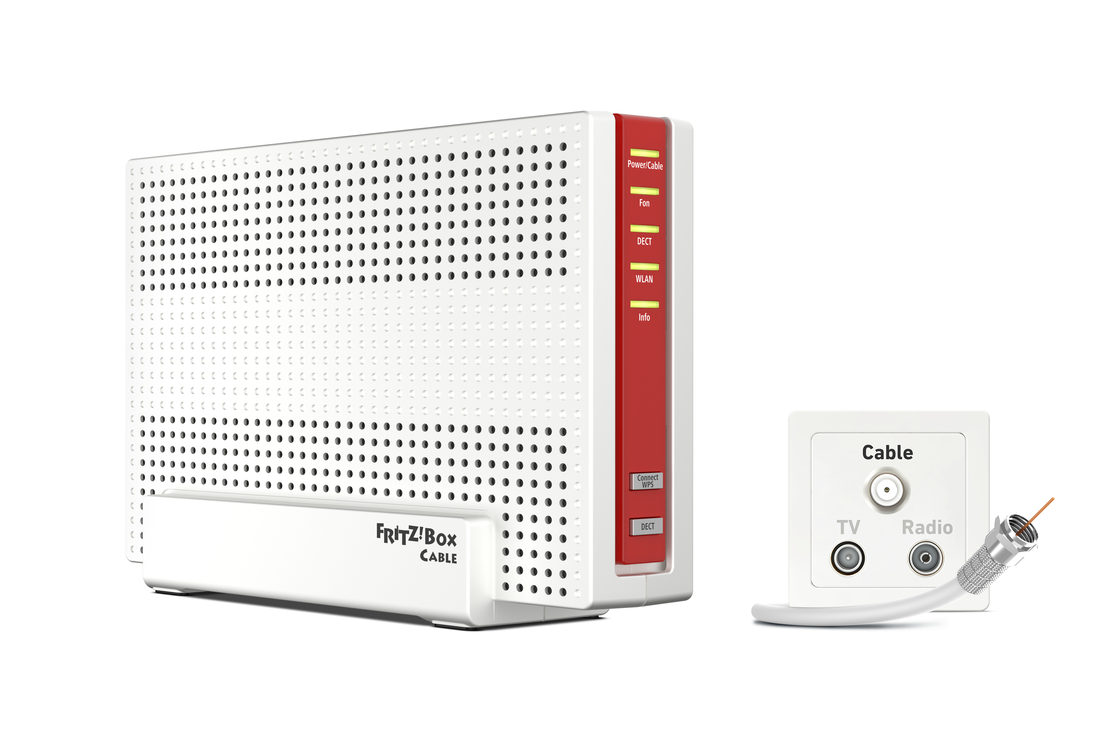 Ein weiß-roter Router mit Kabel und weißer Wandsteckdose, auf weißem Hintergrund.