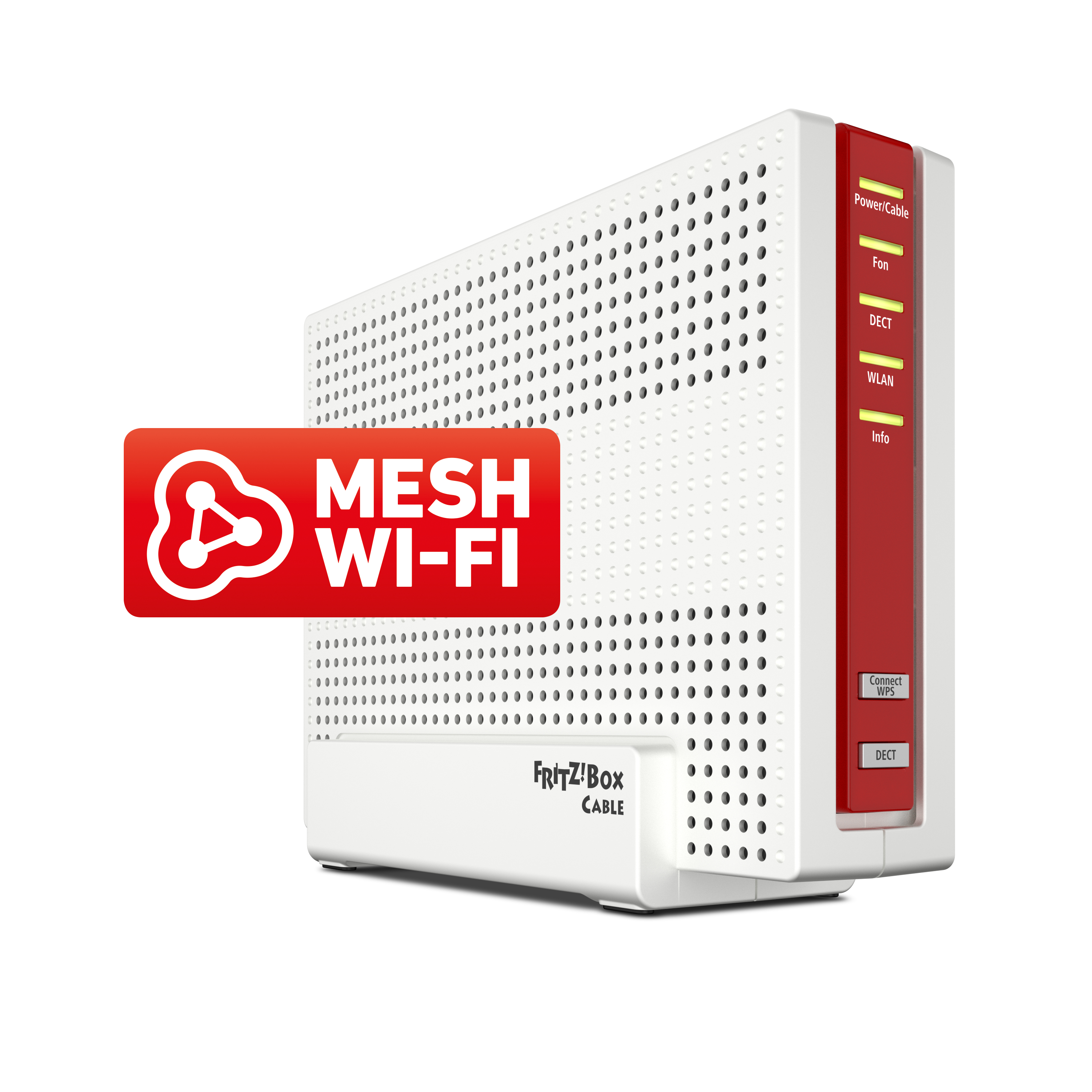Weißer Router mit roten Akzenten und Mesh-Wi-Fi-Logo. Er hat Tasten und Anschlüsse für die Konnektivität.