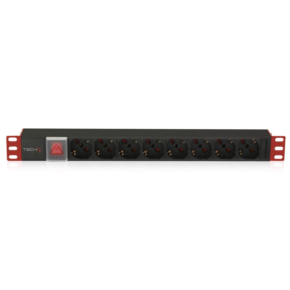 Presa multipla nera con prese e spia di avvertimento triangolare rossa. Lo sfondo è bianco.
