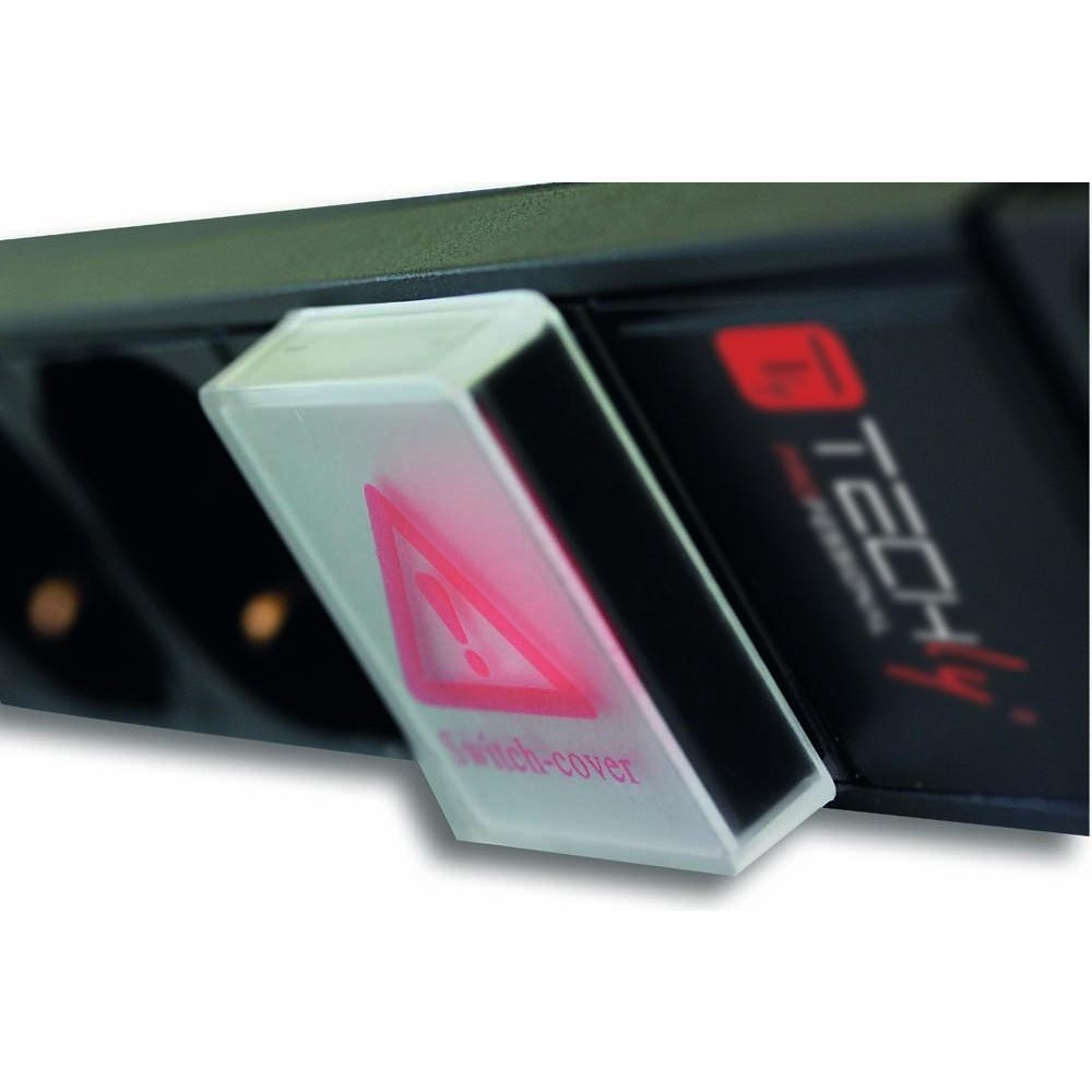 Una ciabatta nera con una copertura dell'interruttore illuminata che mostra un triangolo di avvertimento.