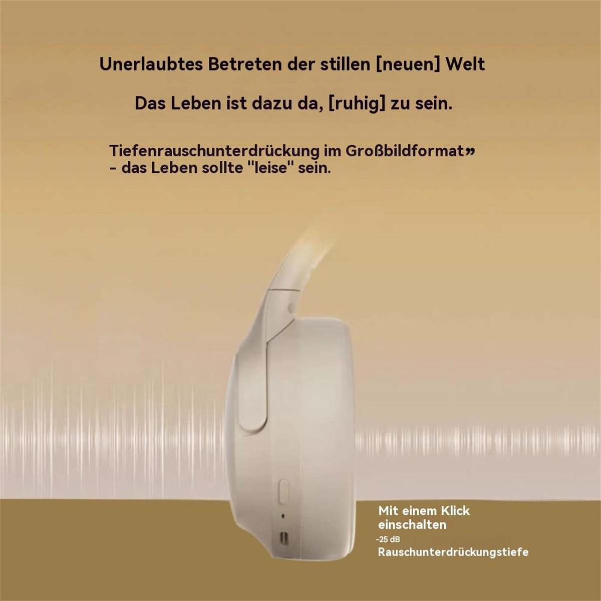 Weiße Kopfhörer mit Text. Die Kopfhörer werden von der Seite betrachtet.