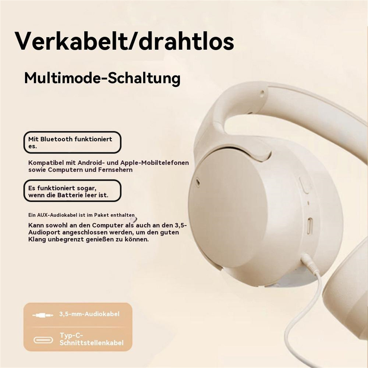 Weiße Kopfhörer mit Text. Text enthält: Bluetooth, Android, Apple, Aux-Kabel.