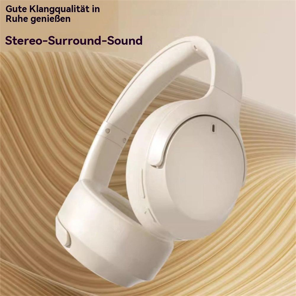 Weiße kabellose Kopfhörer. Das Bild hat Text: Gute Klangqualität in Ruhe, Stereo-Surround-Sound.