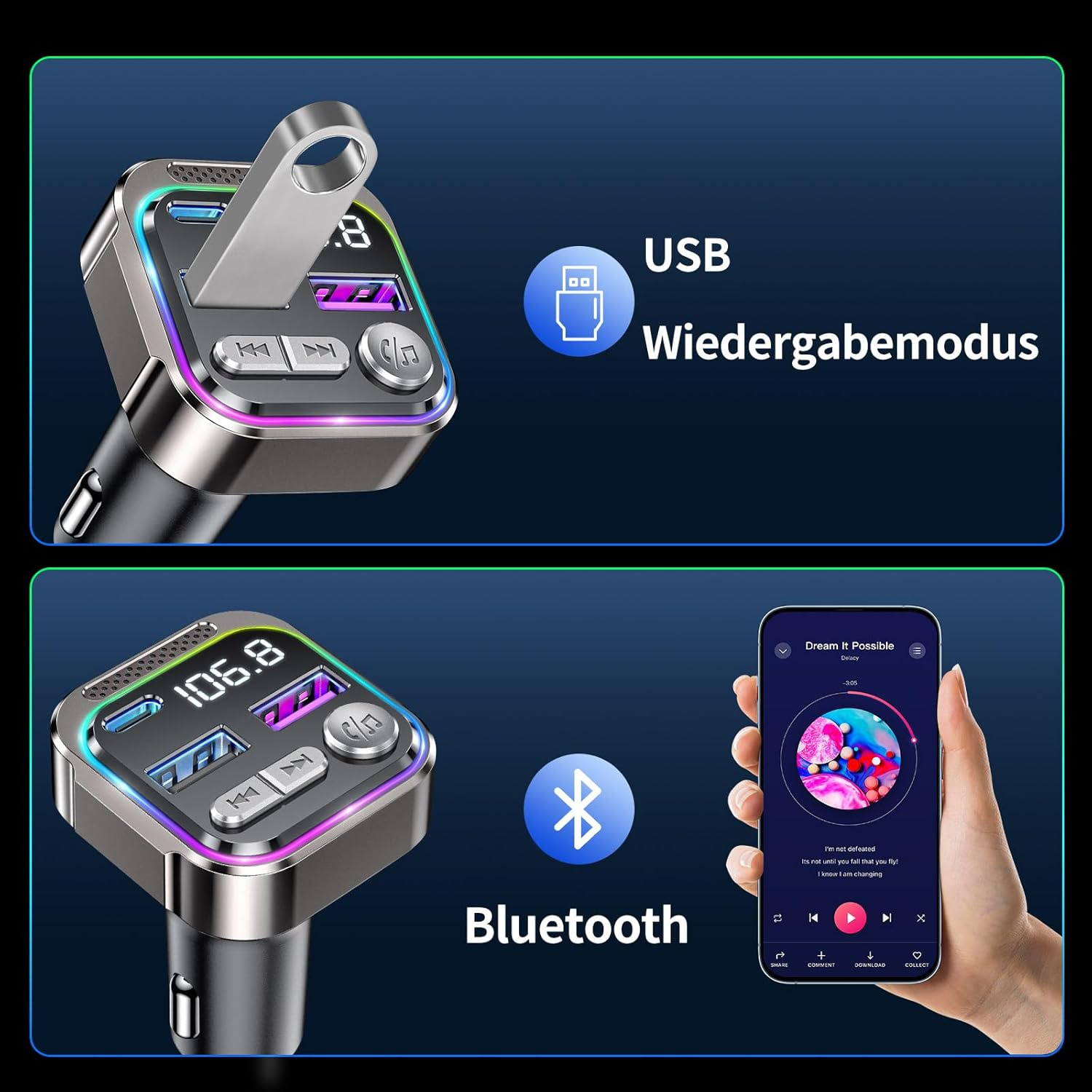 Silberner Auto-Adapter mit USB- und Bluetooth-Symbolen. Es zeigt einen Telefonbildschirm mit Musiksteuerung.