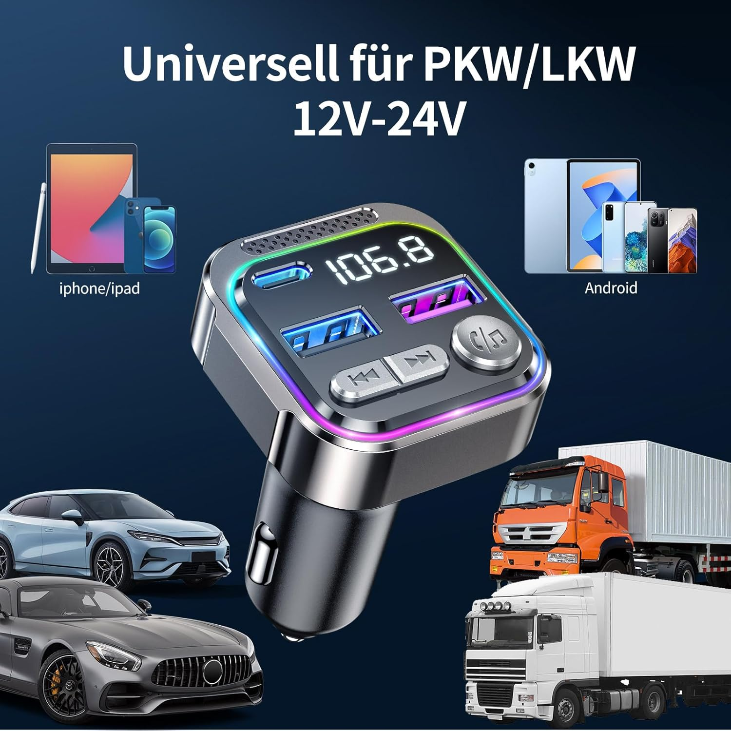 Ein Autoladegerät mit Digitalanzeige, umgeben von Bildern von Telefonen und Fahrzeugen.