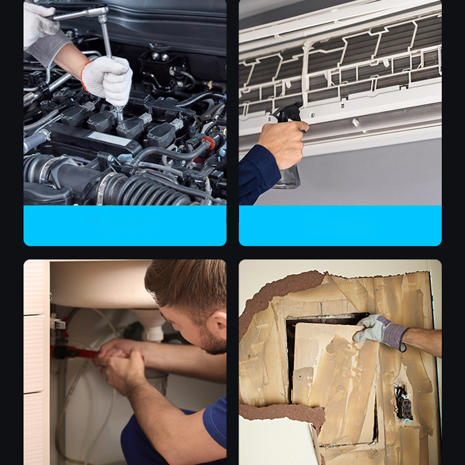 Eine Collage von vier Bildern, die einen Mechaniker, eine reinigende Person und zwei andere Reparaturaufgaben zeigen.