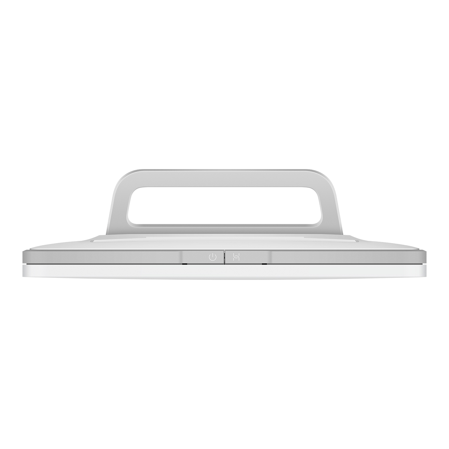 Widok z góry na białe urządzenie z uchwytem. Ikony zasilania i połączenia na powierzchni. Tło jest białe.