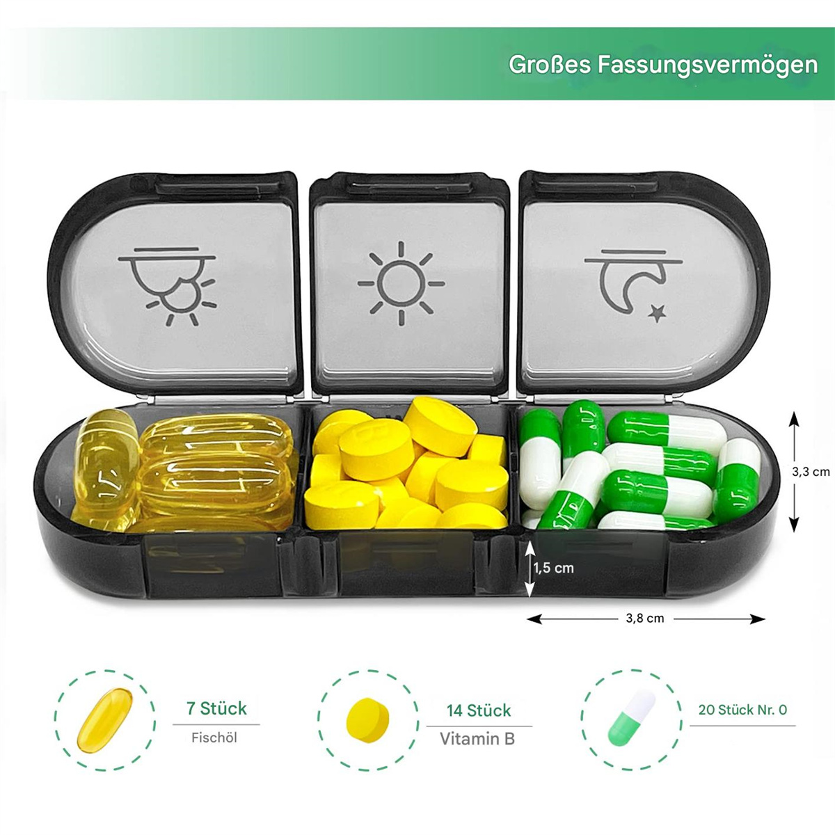 Tabletten-Organizer mit Fächern, die gelbe Pillen, Fischölkapseln und weiße und grüne Pillen enthalten.