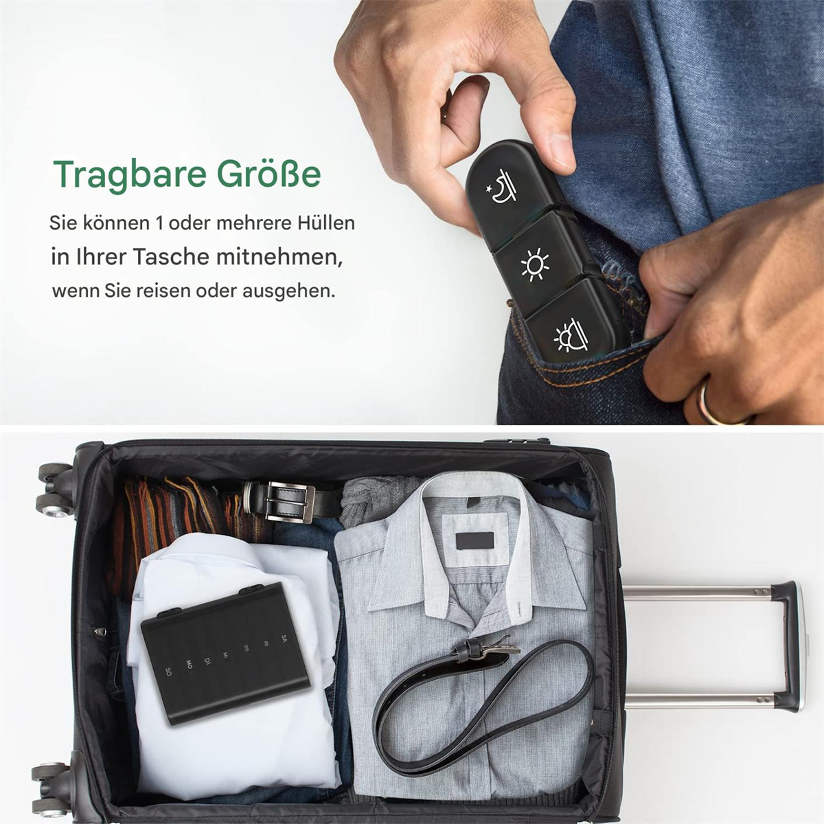 Eine Person greift in eine Tasche und ein Koffer gefüllt mit Kleidung und einem Gerät.