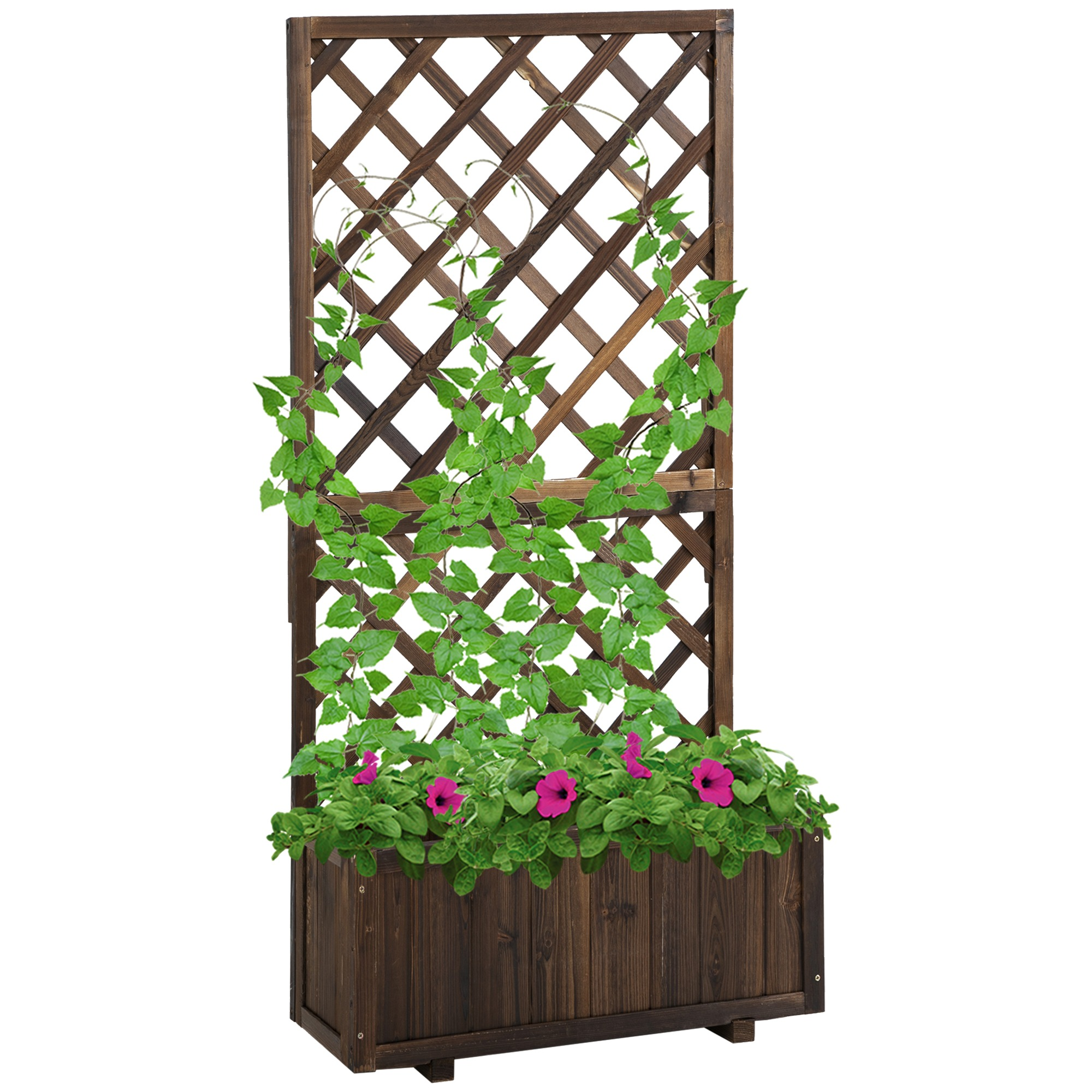 Holz-Pflanzkasten mit Spalier. Der Pflanzkasten hat rosa Blüten und grünes Laub.