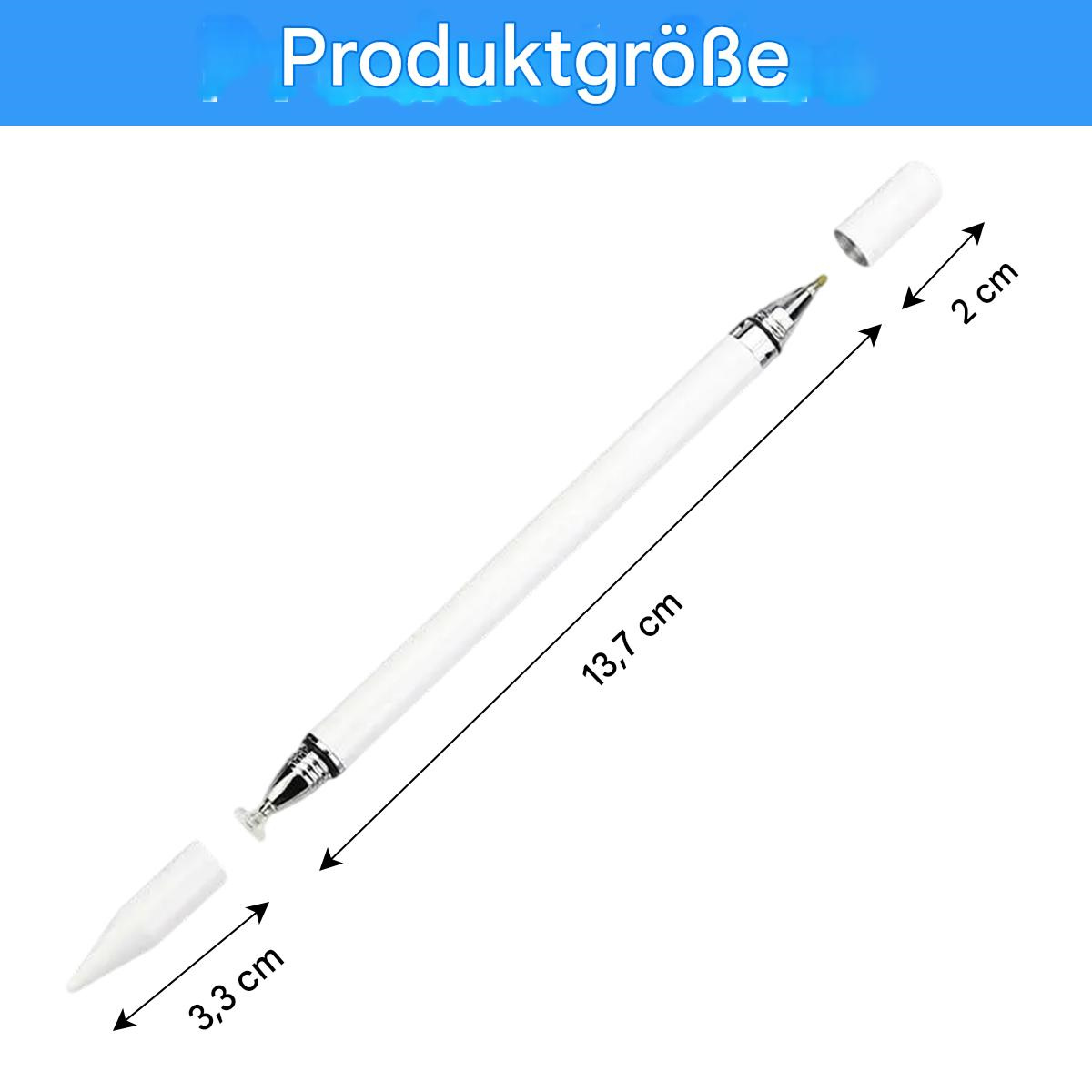 Weißer Stift mit beschrifteten Abmessungen, einschließlich Kappe und Spitze.