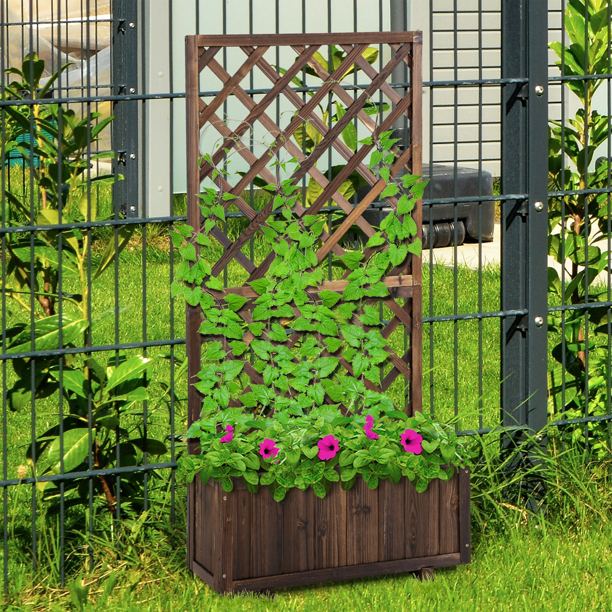 Holzkasten mit Gitter, grünen Ranken und rosa Blüten vor Metallzaun und grünem Gras.
