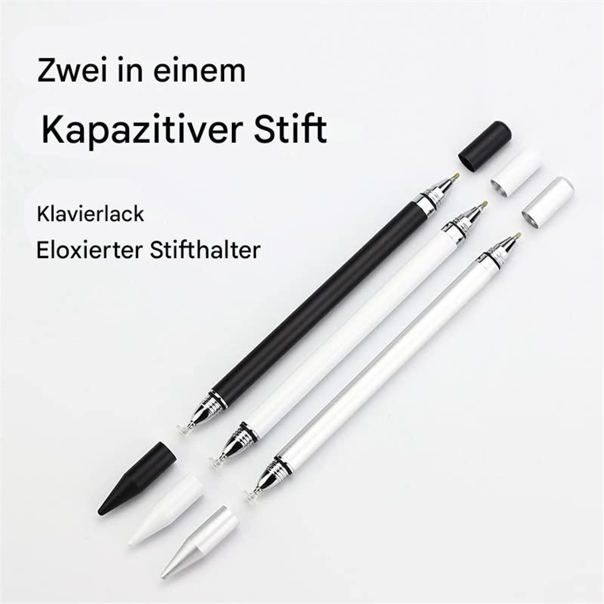 Drei Stifte, zwei weiß und einer schwarz, mit Kappen, auf weißem Untergrund.