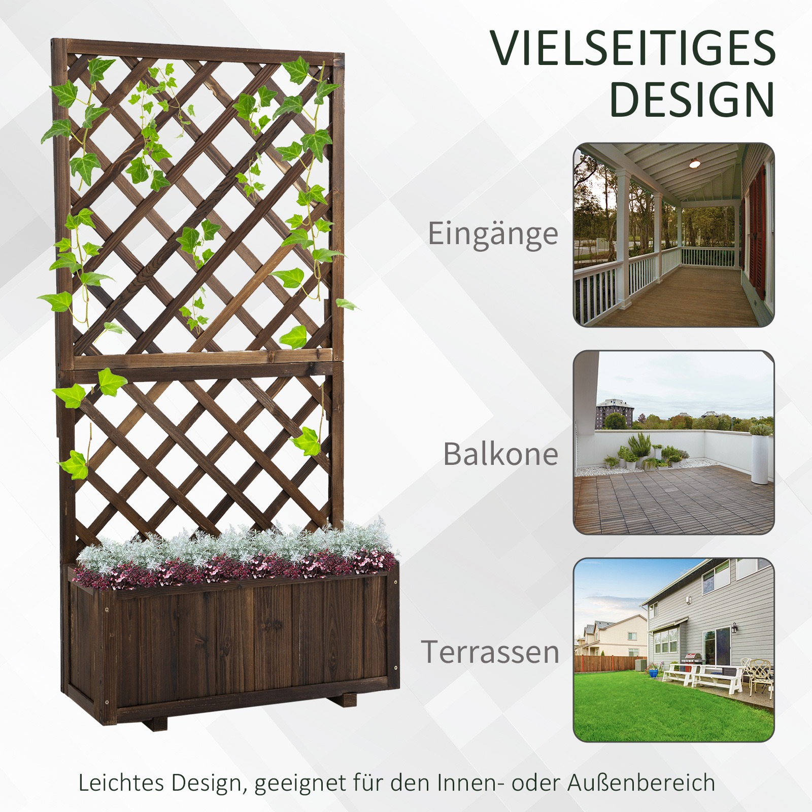 Pflanzkasten mit Holzgitter und Kletterpflanzen sowie drei Bildern von Veranden und Terrassen.