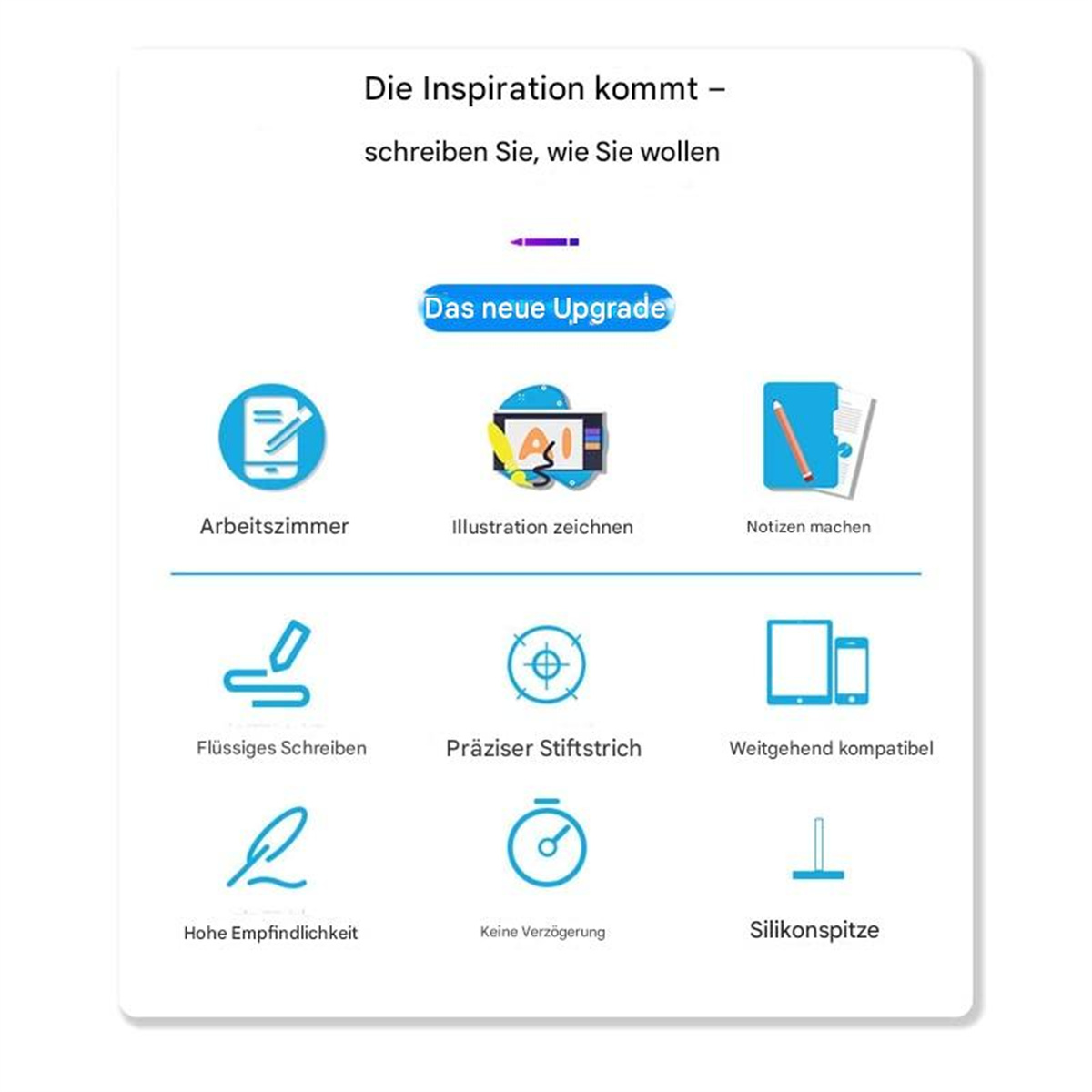 Ein weißer Hintergrund mit Symbolen und Text über das Schreiben. Enthält Stift-, Tablet- und Notizsymbole.