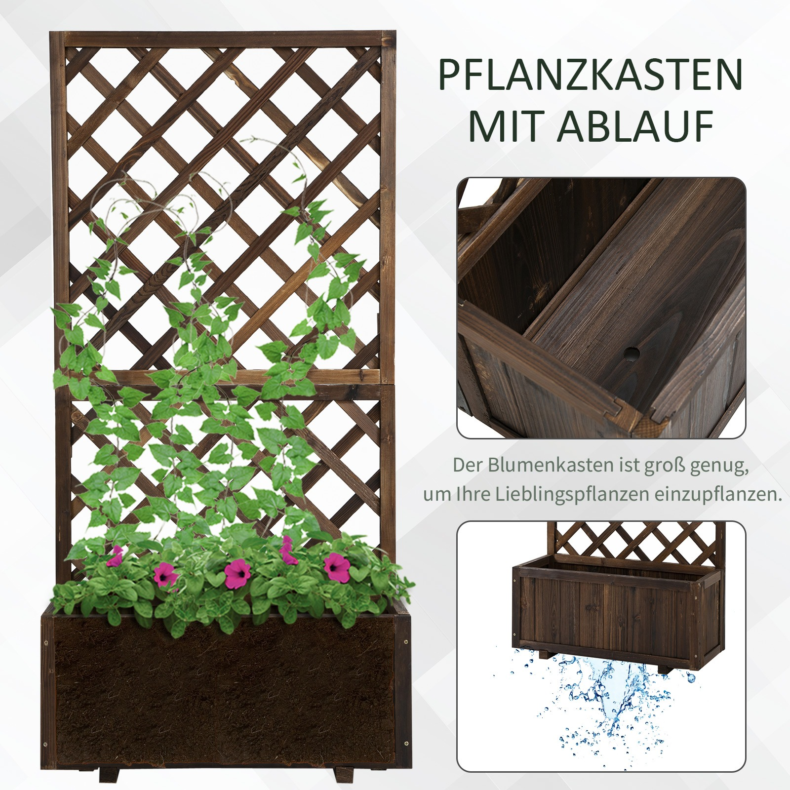 Holzpflanzer mit Kletterpflanzen. Zusätzliche Bilder zeigen Details und Wasserablauf.