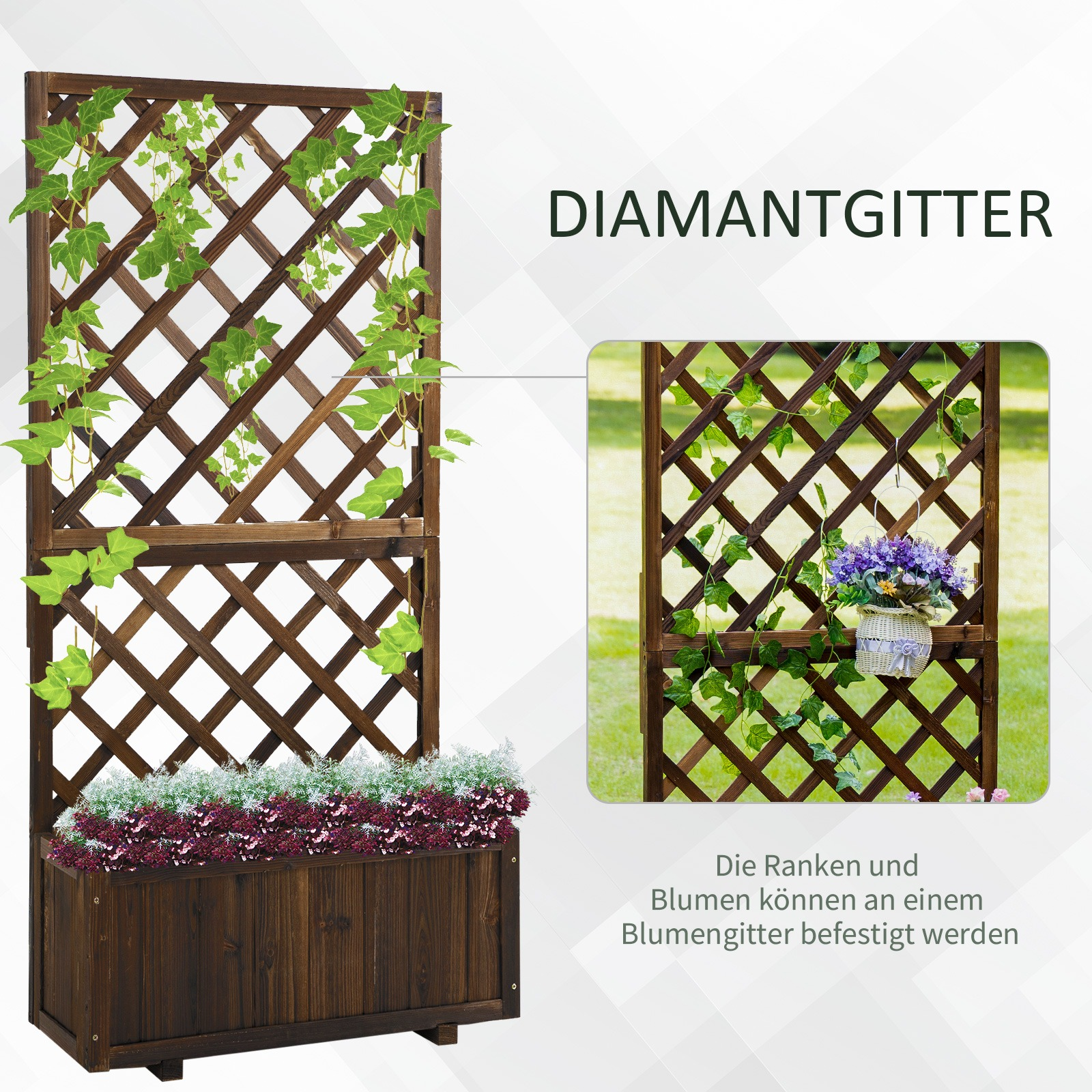 Holzgitter mit Pflanzen und Blumen, mit einer Nahaufnahme des Details.