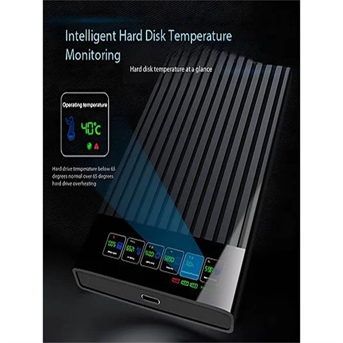 Schwarze Festplatte mit Temperaturanzeige, zeigt 40°C. Text: Festplattentemperatur.