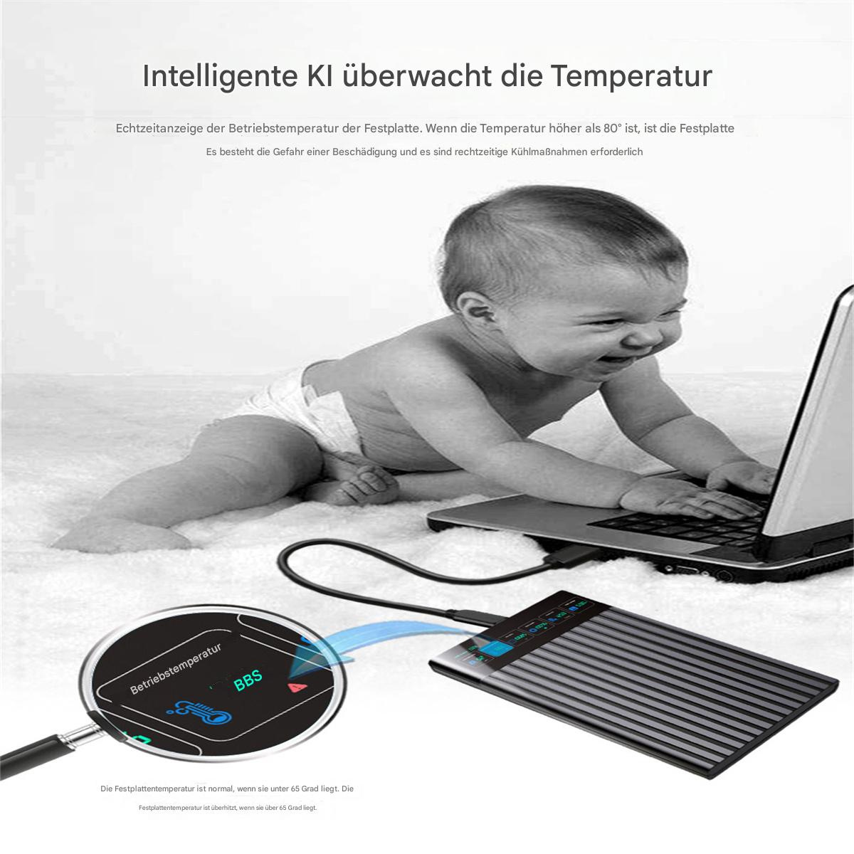 Baby benutzt Laptop, Festplatte angeschlossen. Temperaturanzeige wird angezeigt.