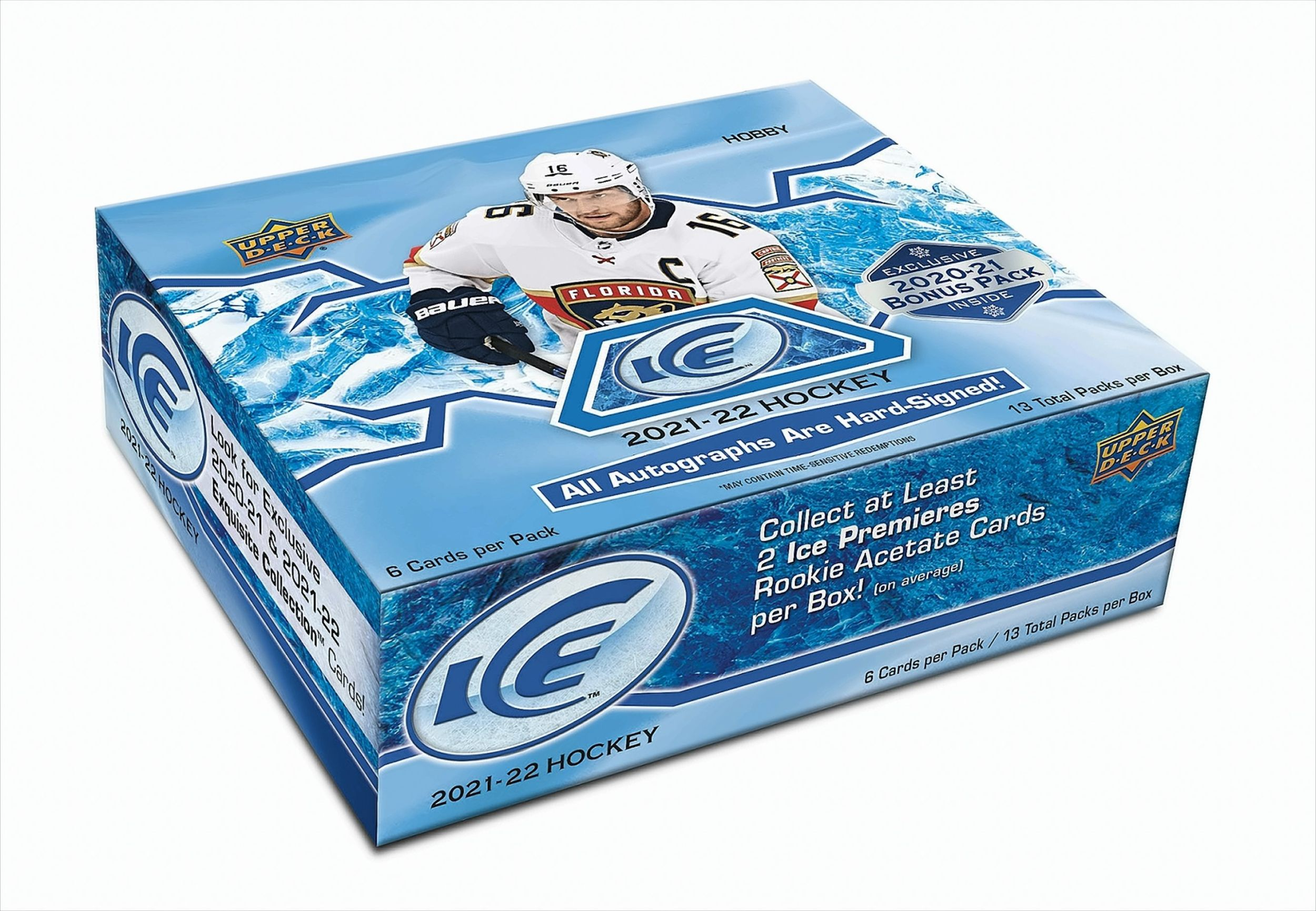 Schachtel mit Upper Deck Ice Hockey-Karten 2021-22. Enthält ein Bild eines Eishockeyspielers, mit Text und Logos.