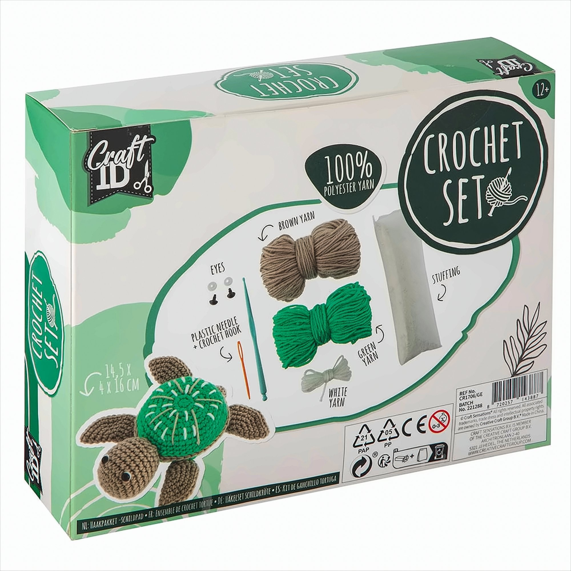 Eine Häkelset-Box mit Garn, Haken und einem Schildkrötenbeispiel. Enthält die Worte 'Häkelset'.