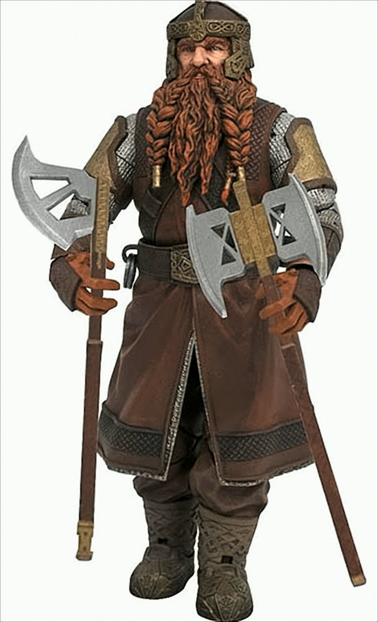 Figur eines Zwergs mit zwei Äxten. Der Zwerg hat einen langen roten Bart und trägt eine Rüstung.