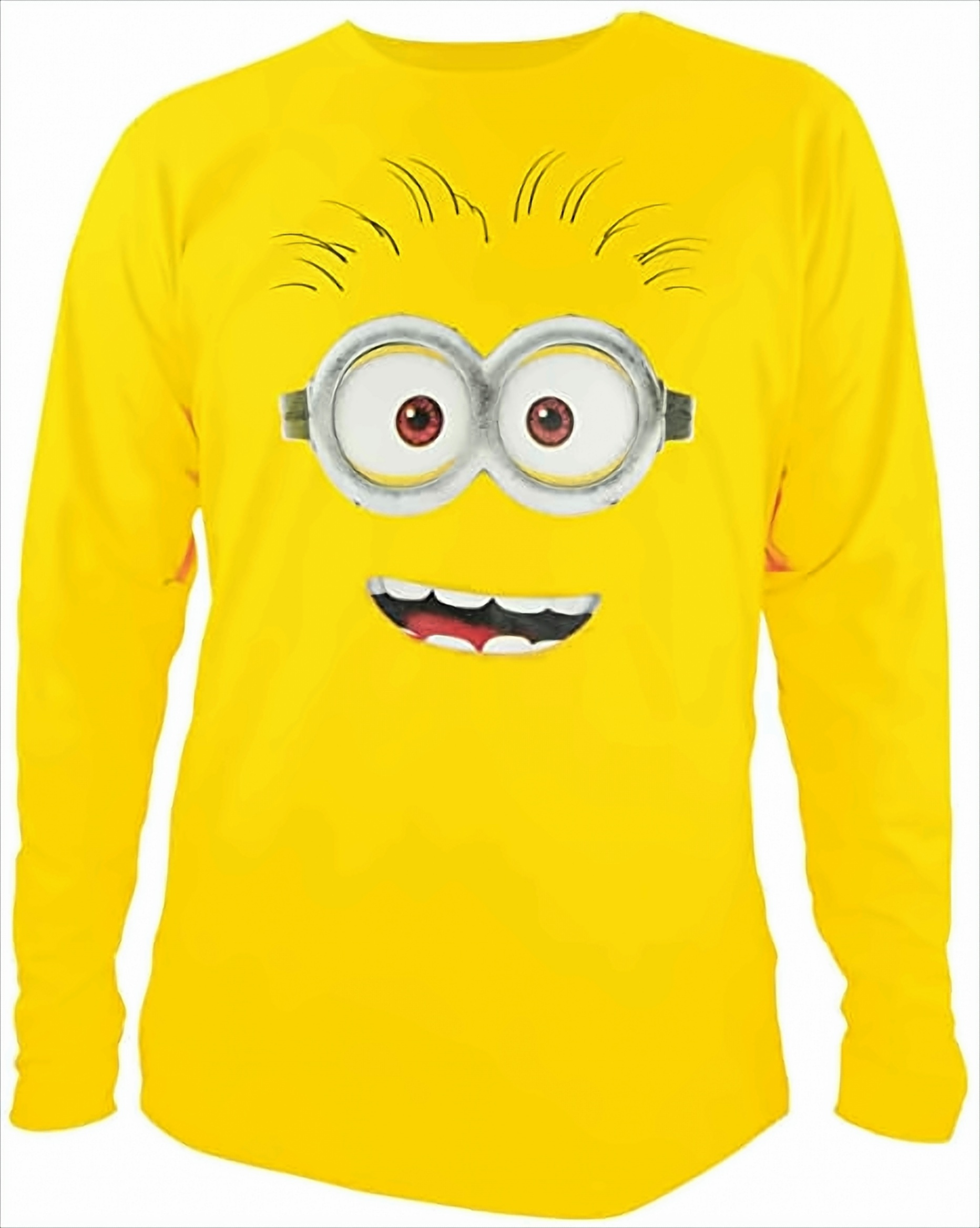 Ein gelbes Minion-T-Shirt mit einem lächelnden Gesicht. Die Augen und Haare sind sichtbar.