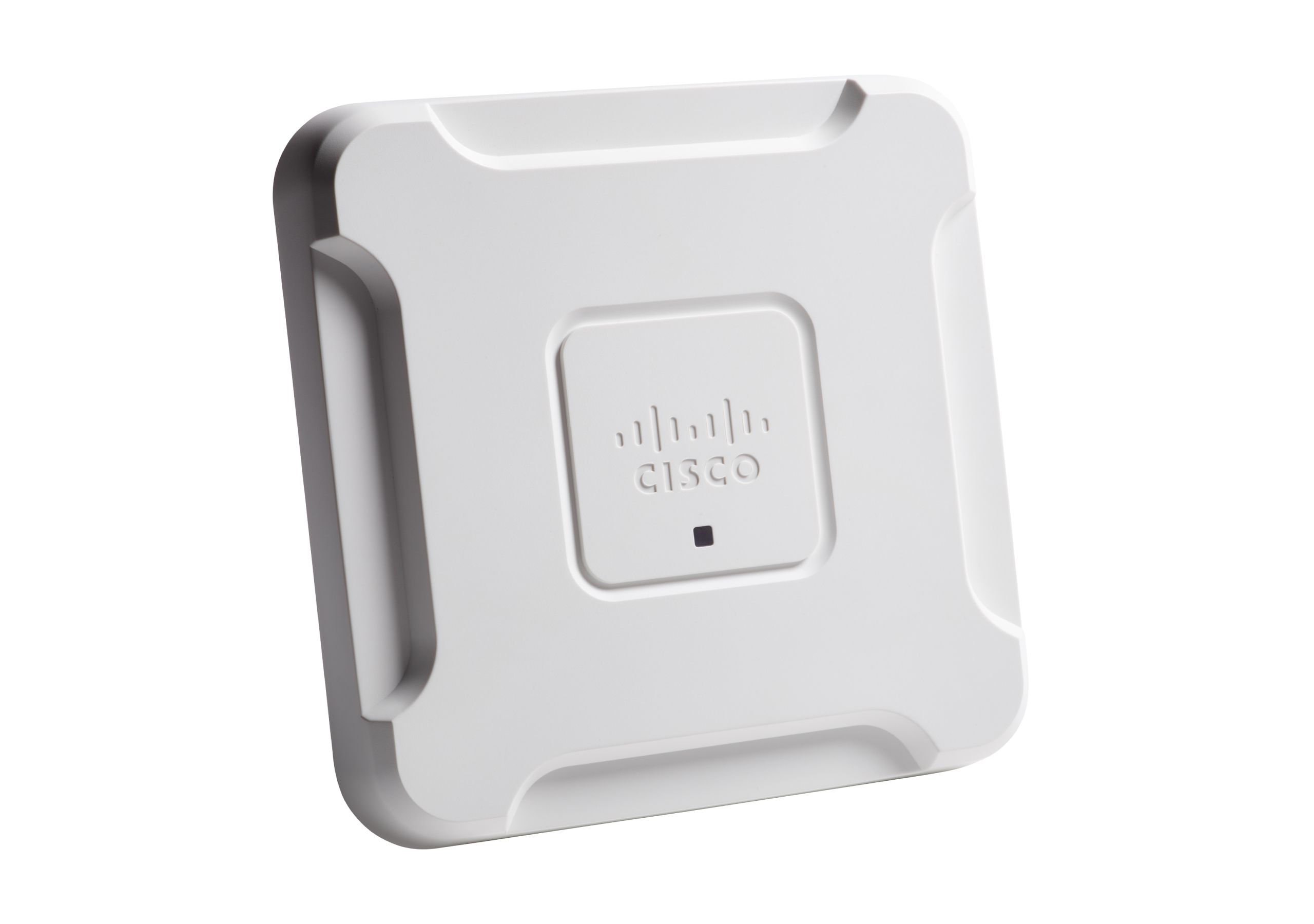 Weißer Cisco Wireless Access Point vor weißem Hintergrund.