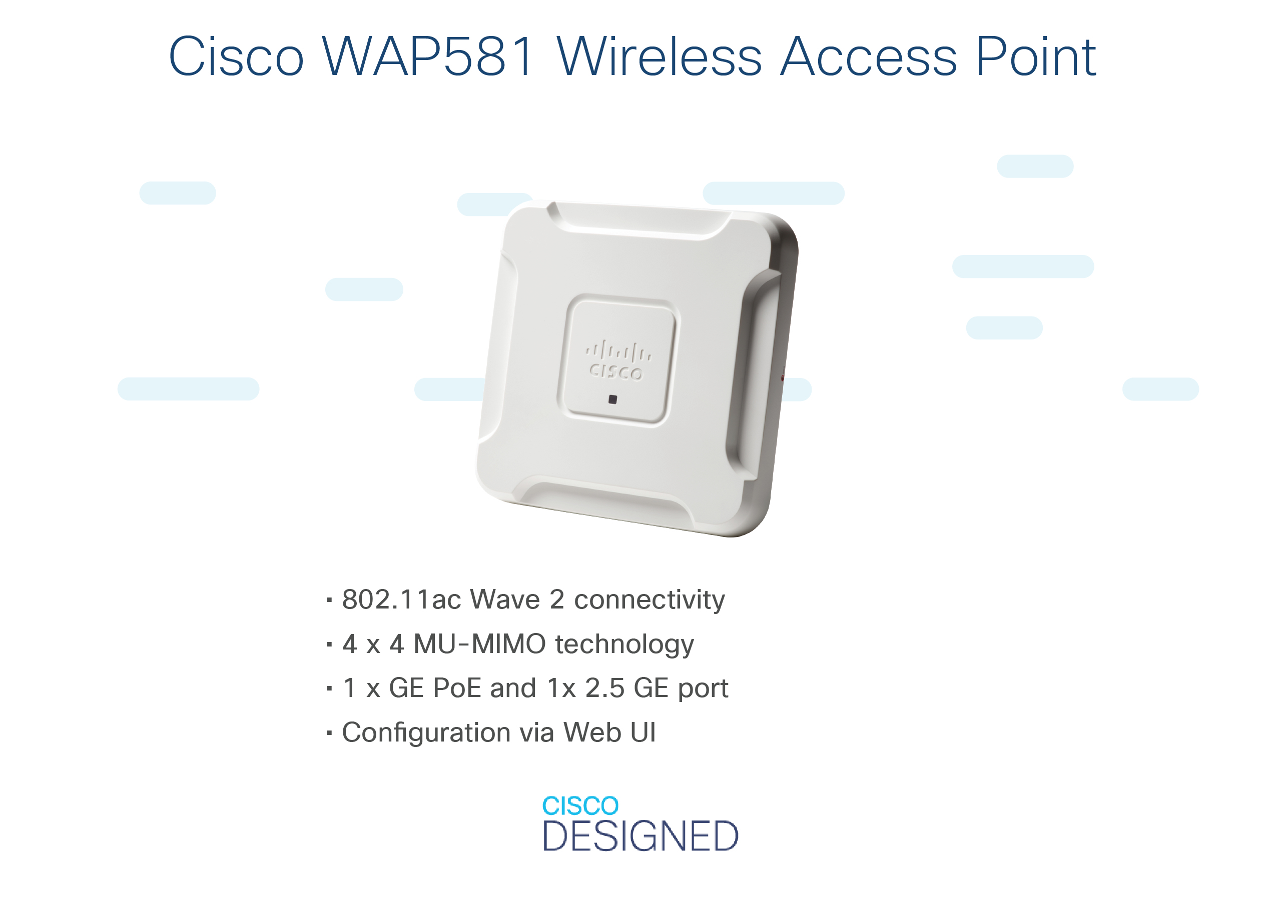 Weißer Cisco Wireless Access Point mit Text über Funktionen und dem Cisco-Logo.