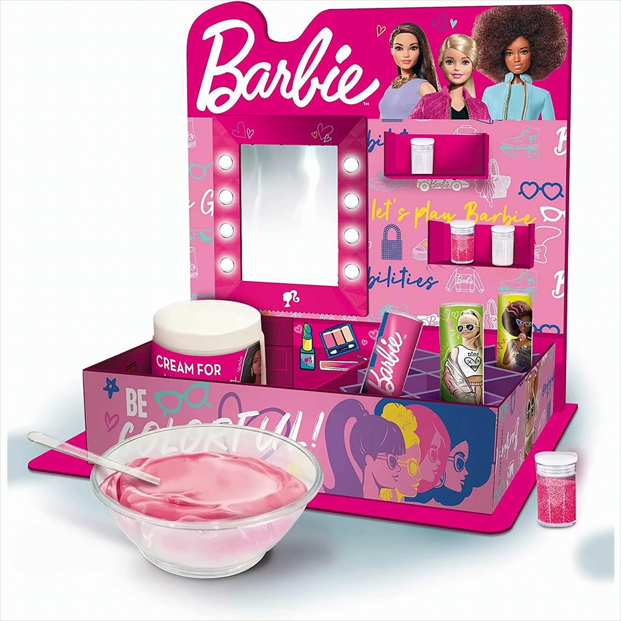 Barbie-Make-up-Set mit rosa Farbe und Spiegel. Enthält verschiedene Make-up-Accessoires.