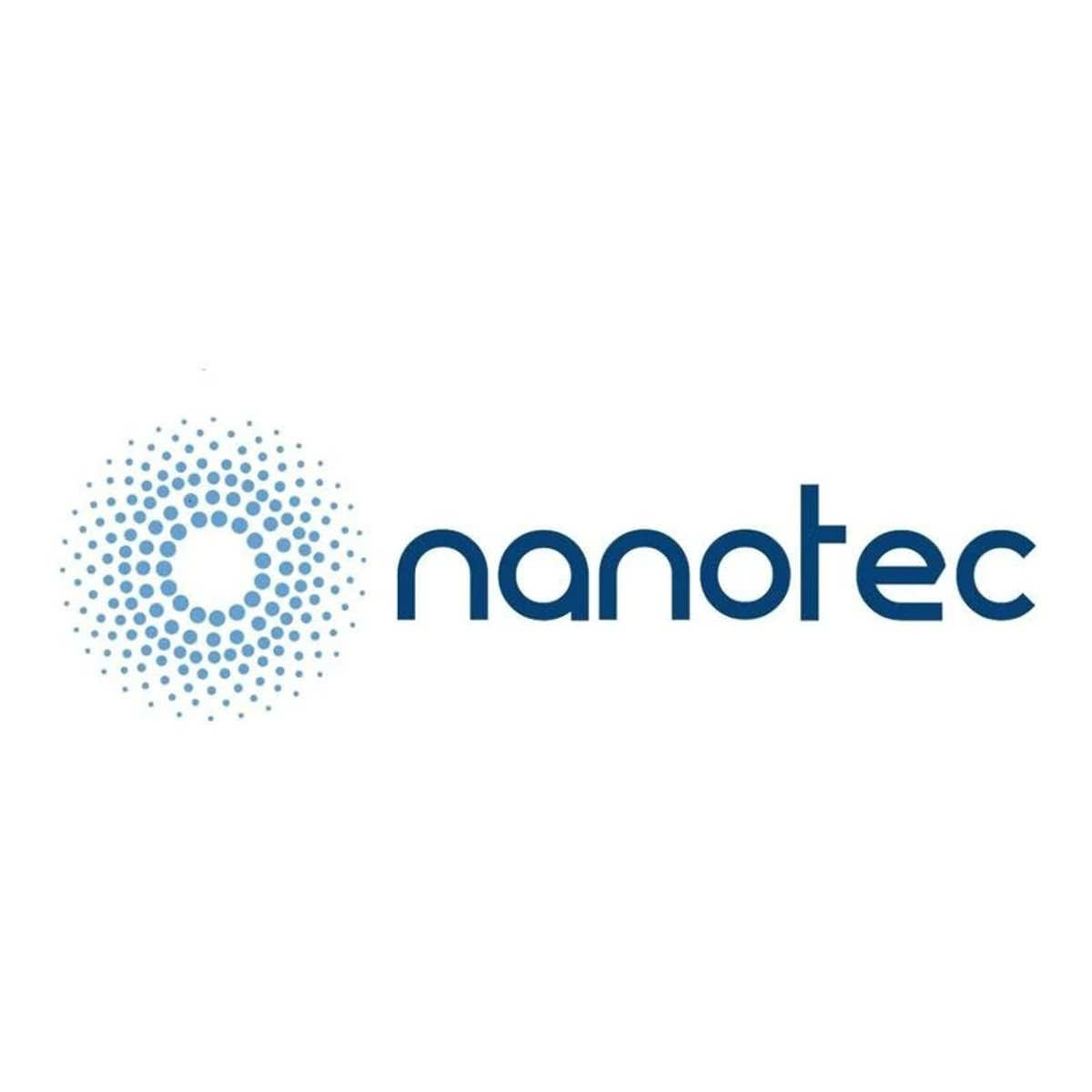 Logo Nanotec. Zawiera niebieski okrągły wzór ze słowem Nanotec.