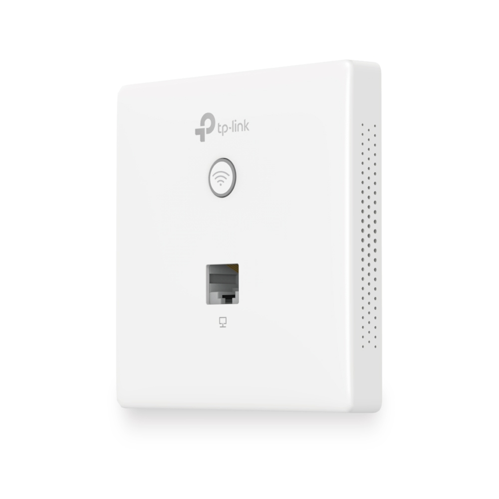 Weißes TP-Link-Netzwerkgerät mit Ein-/Aus-Taste und Anschluss für ein Ethernet-Kabel.