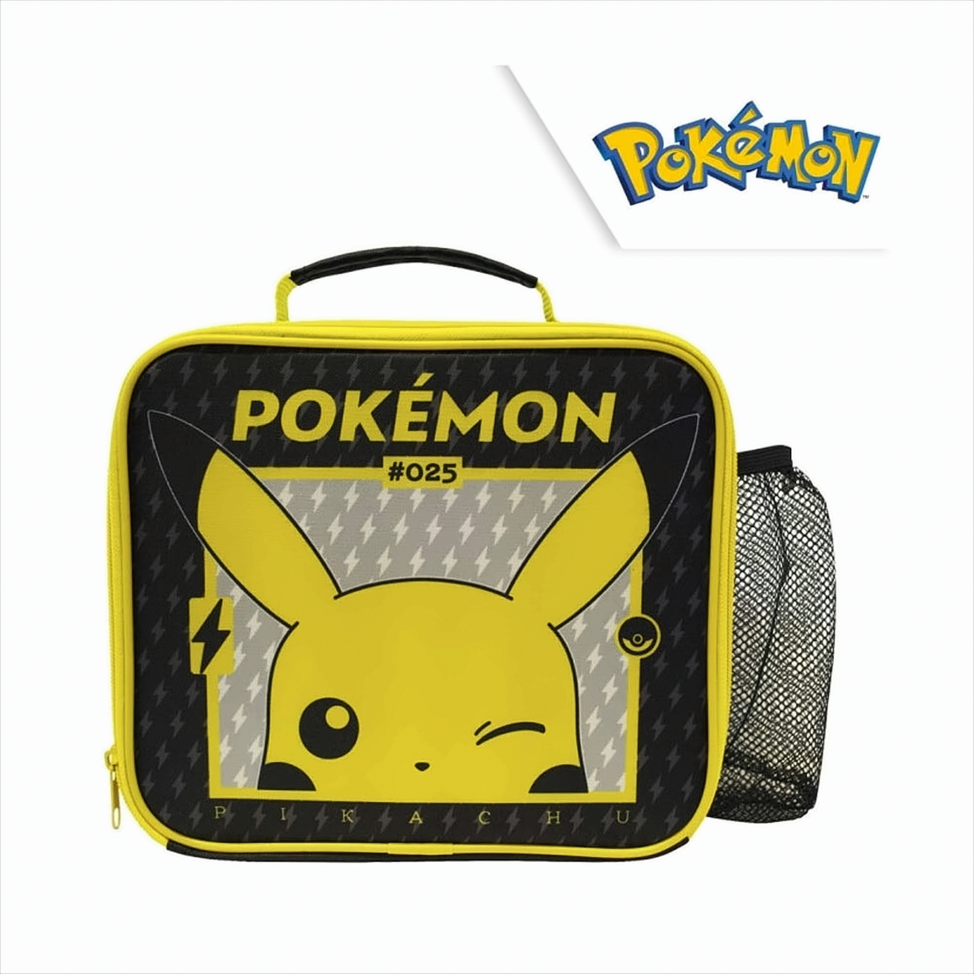 Eine gelb-schwarze Pokémon-Lunchbox mit Pikachus Gesicht und Logo darauf.