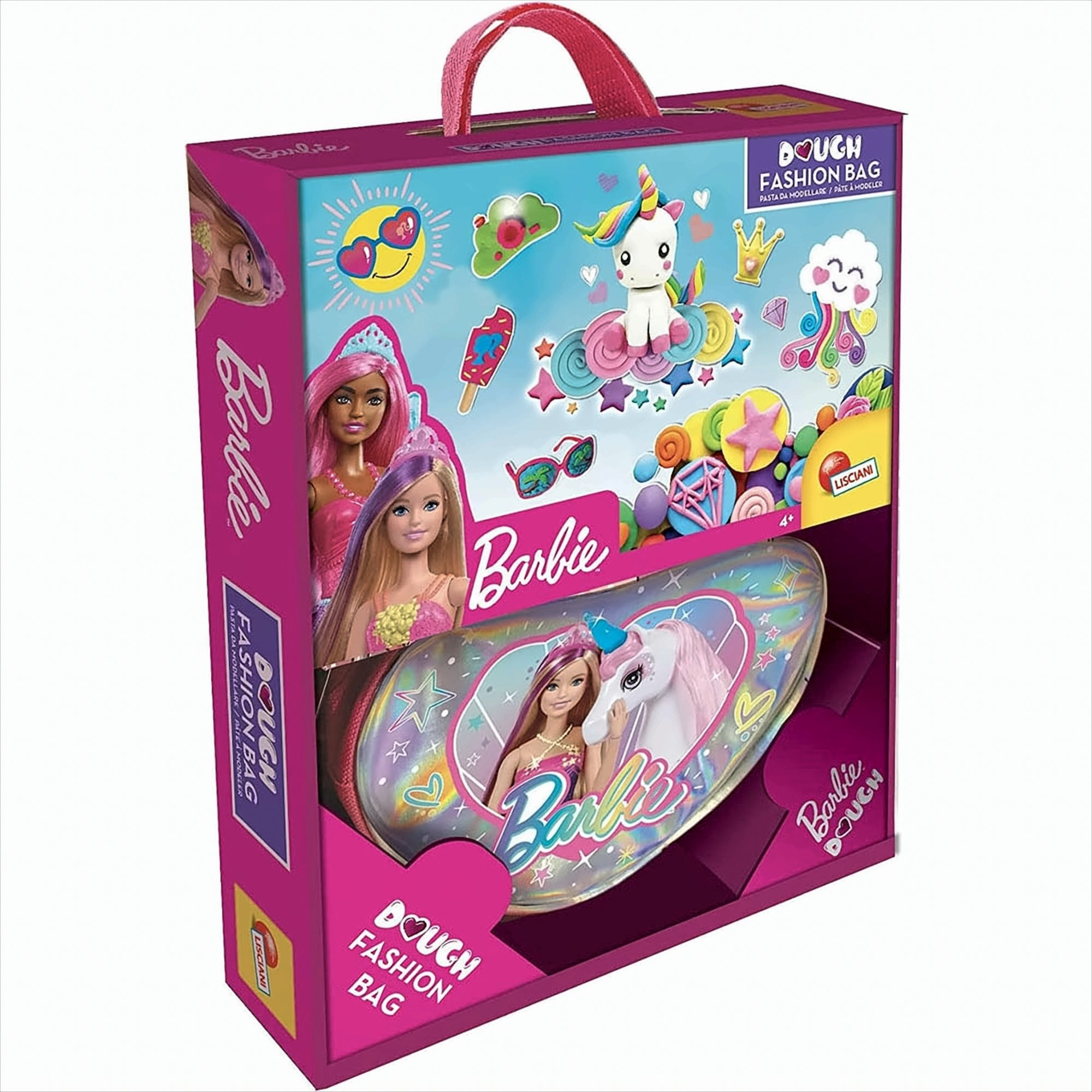 Barbie Dough Fashion Bag Box. Rosa und lila mit Barbie-Puppen und Einhorn-Bildern. Griff oben.