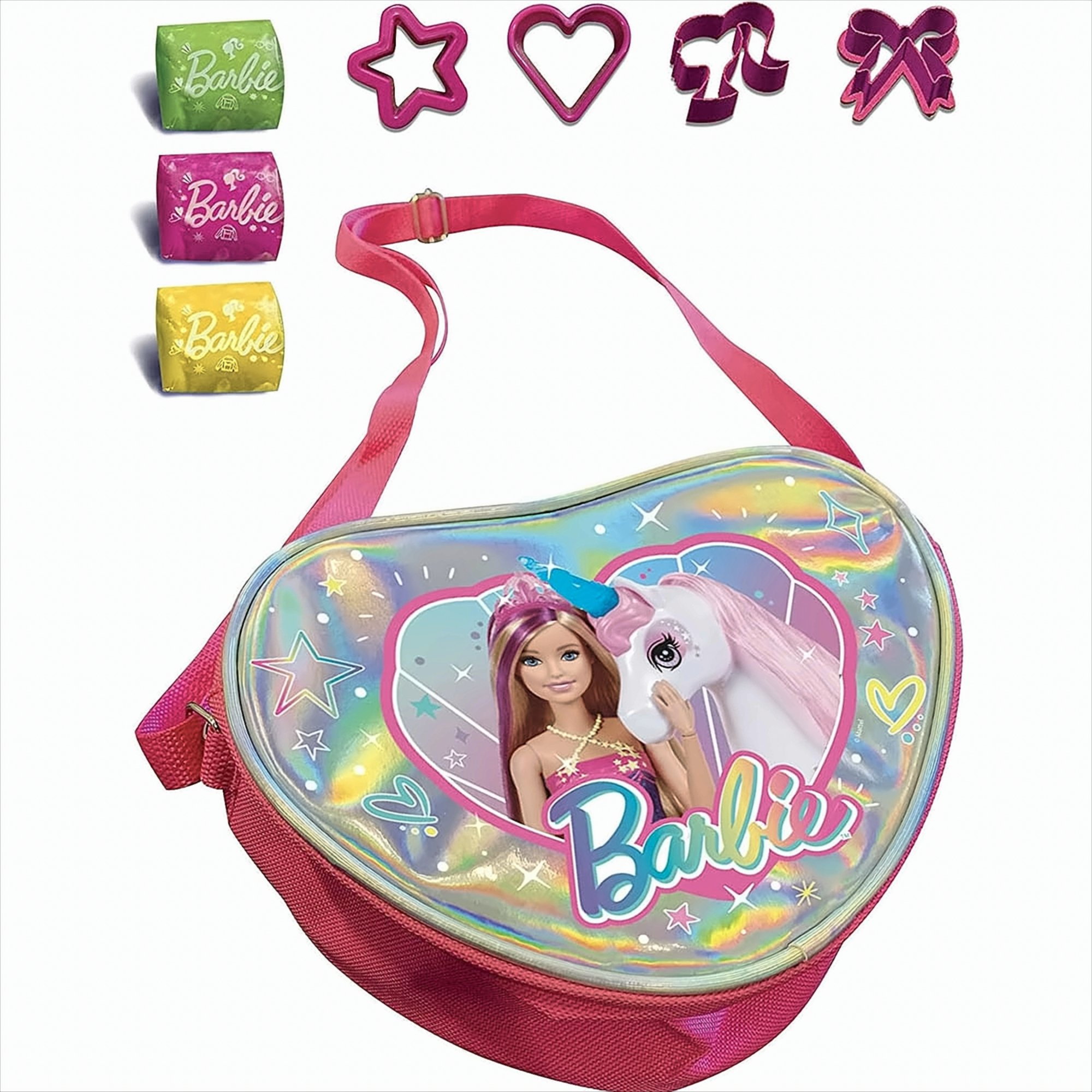 Eine Barbie-Lunch-Tasche mit Herzform und einem Bild von Barbie und einem Einhorn.