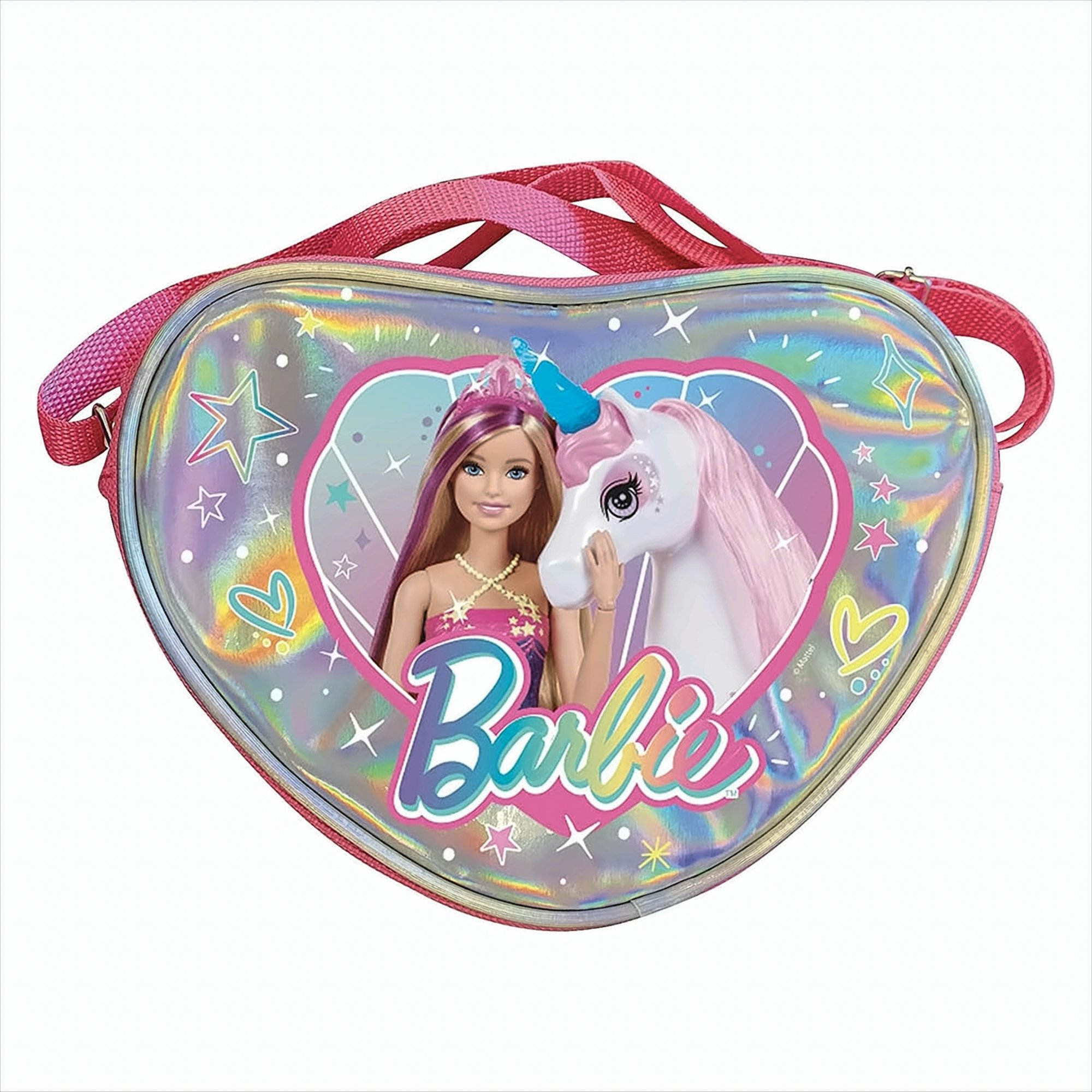 Eine herzförmige Barbie-Tasche mit Barbie und einem Einhorn.