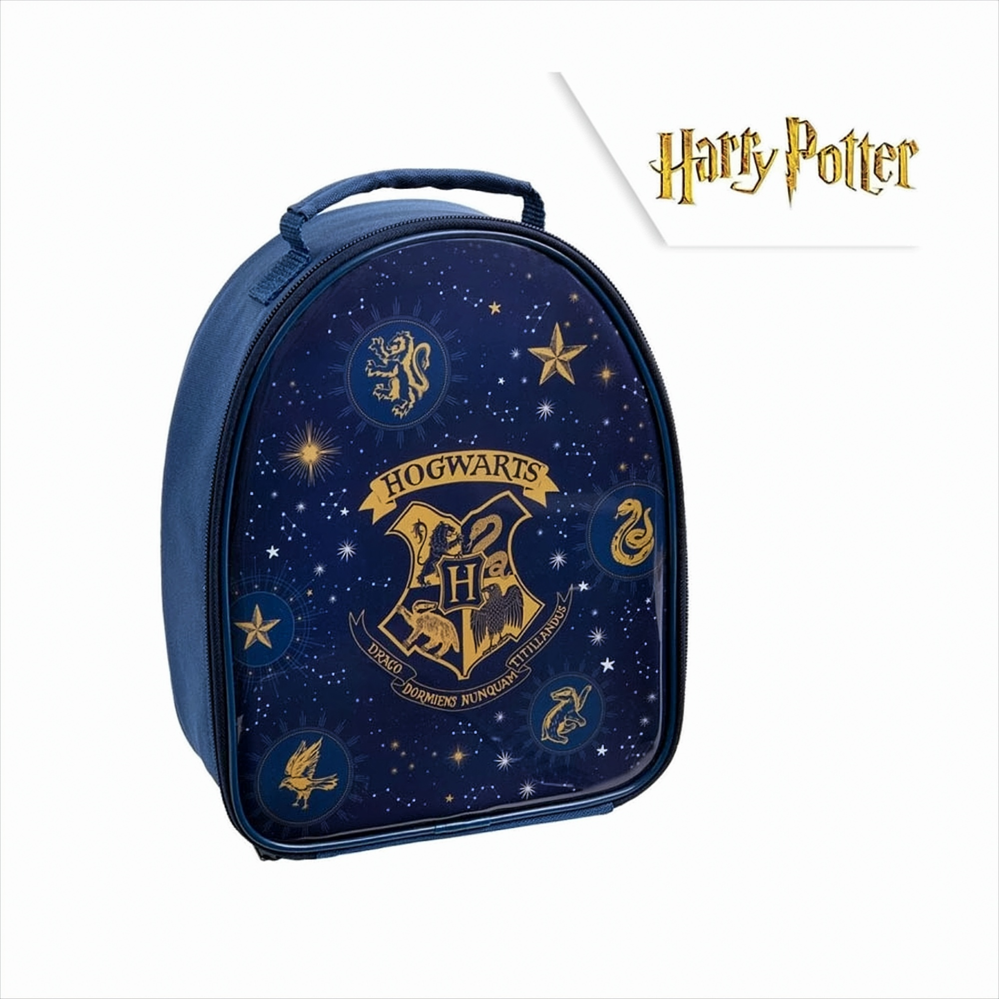 Blaue Harry Potter Lunchbox mit Hogwarts-Wappen, Sternen und anderen thematischen Designs.